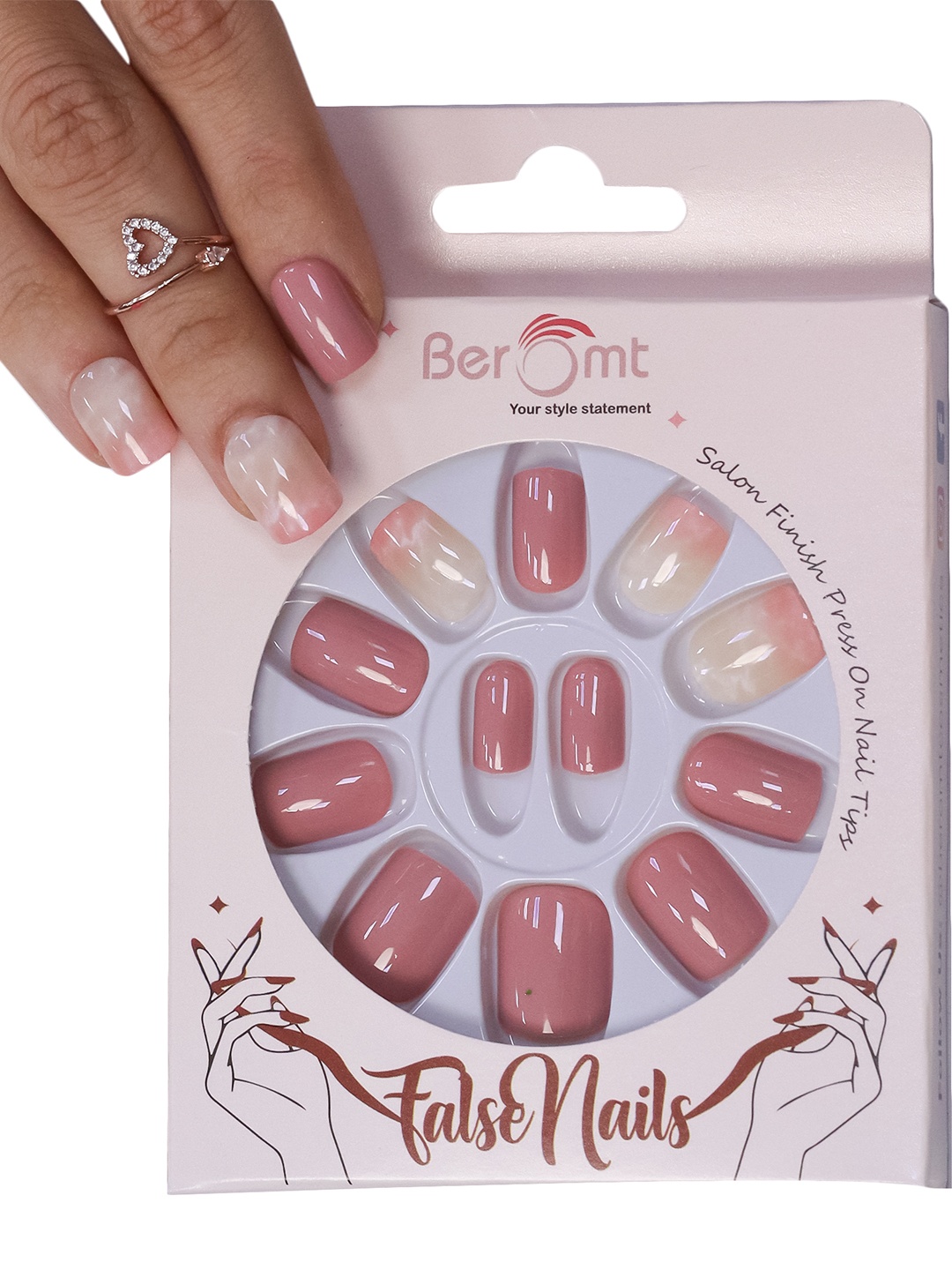 

BEROMT 12 Pcs Long-Lasting Casual Salon Finish Press On Nails - Shade 556, Pink