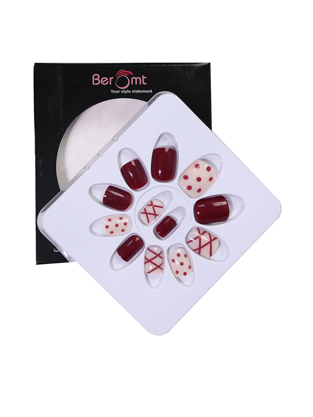 

BEROMT 12 Pcs Long-Lasting Reusable Lightweight Salon Finish Press On Nail Tips - 678, Maroon