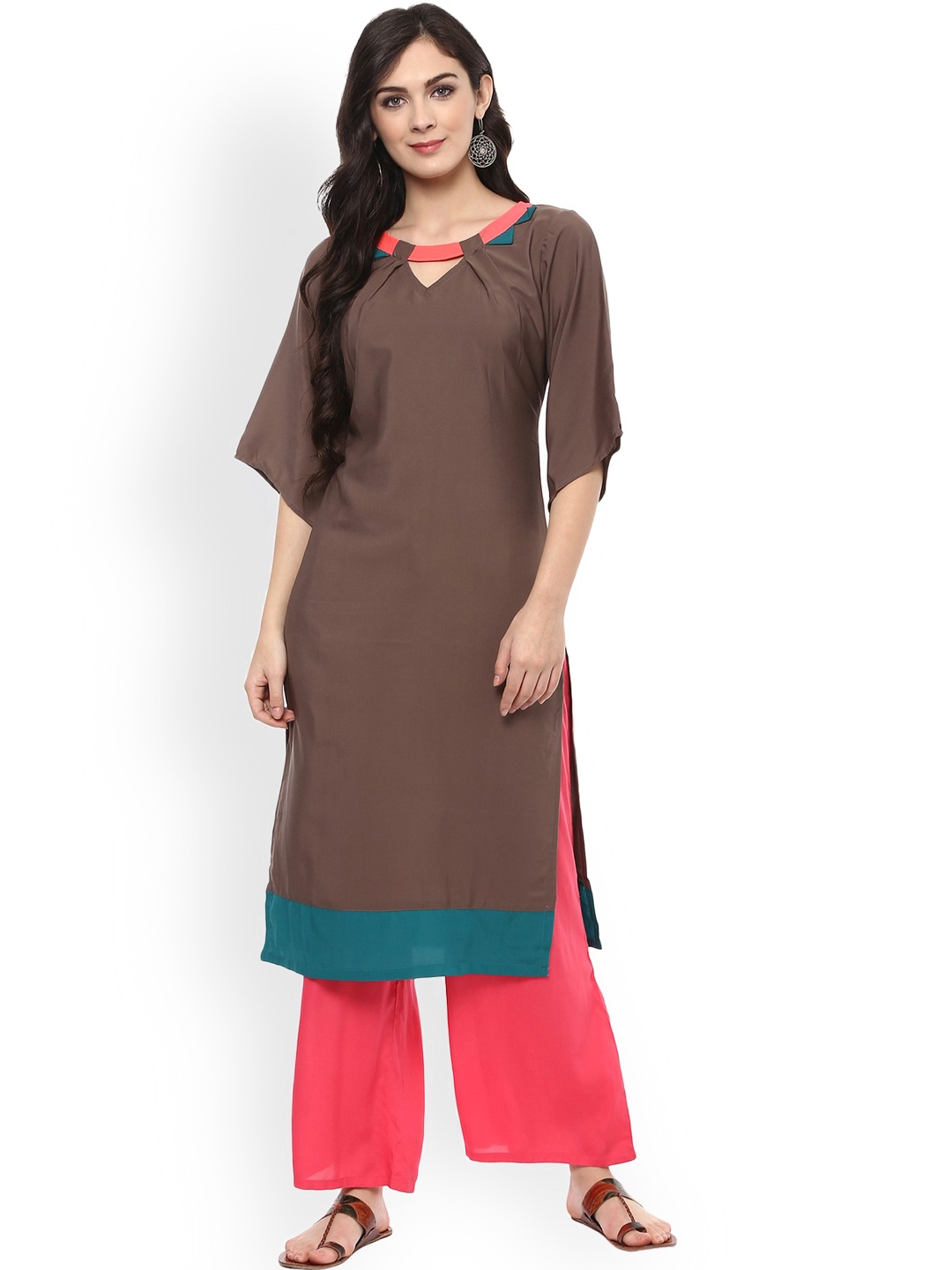 

Pannkh Women Brown Solid Straight Kurta