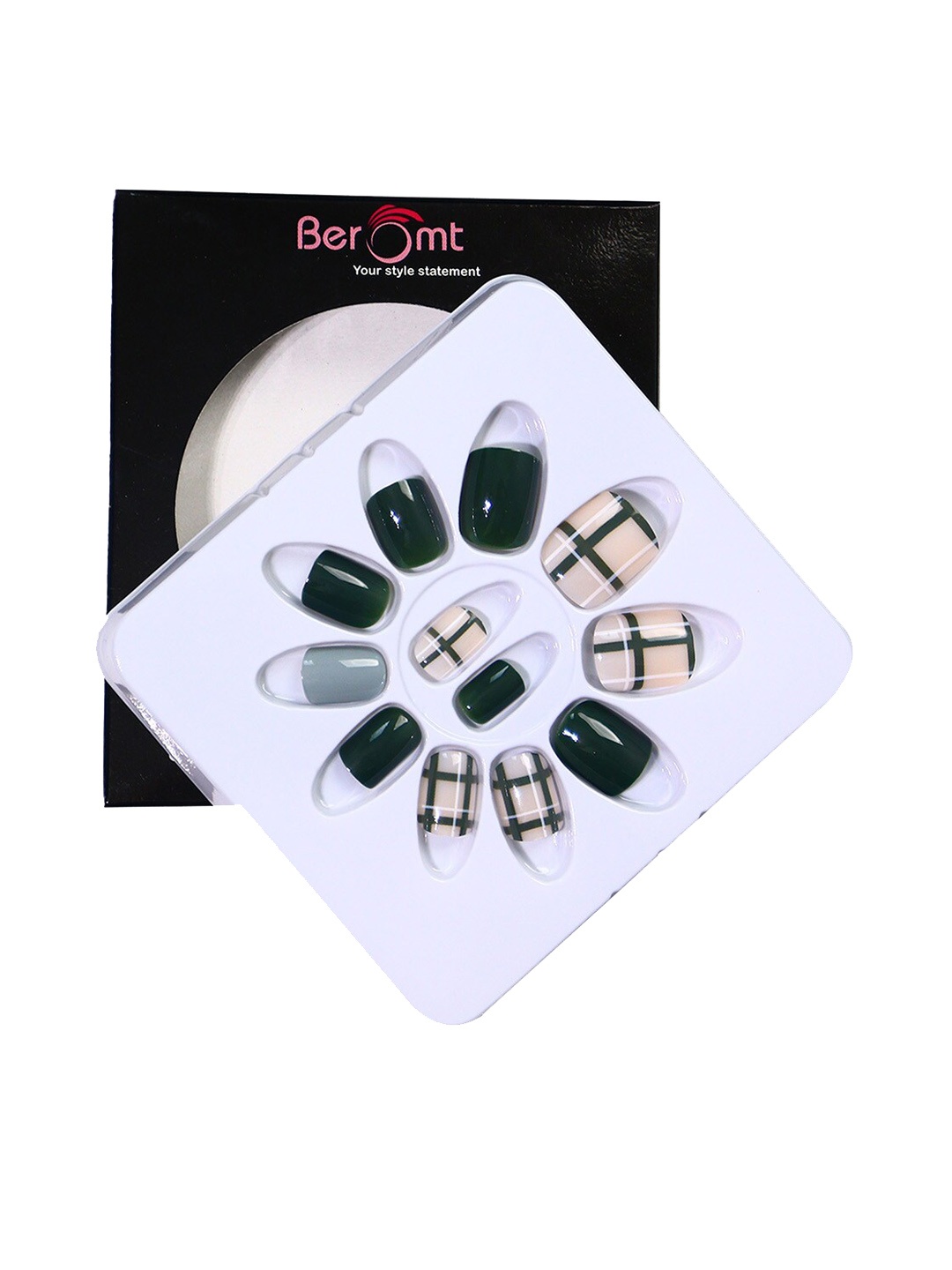 

BEROMT 12 Pcs Long-Lasting Reusable Lightweight Salon Finish Press On Nail Tips - 654, Green