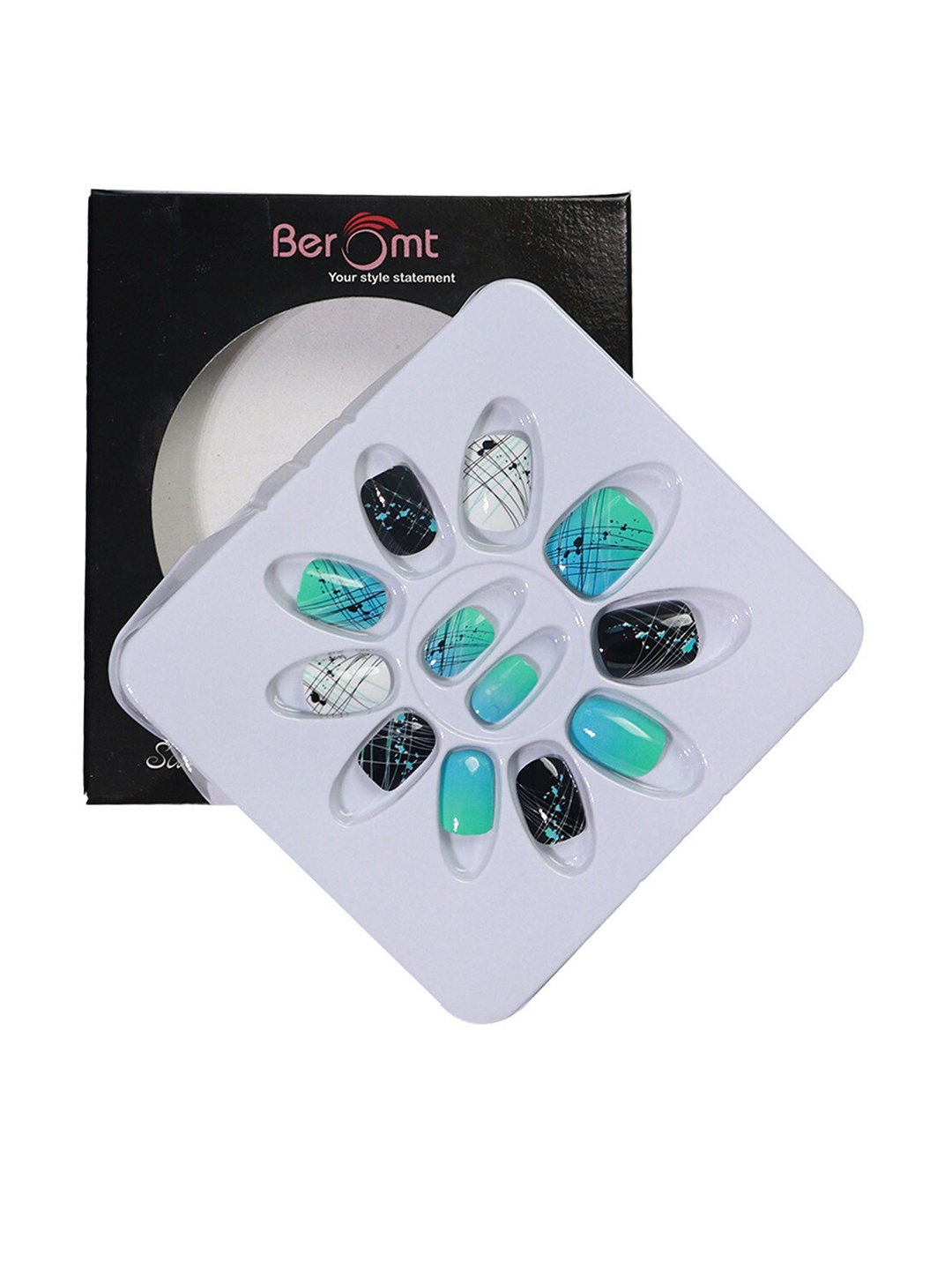 

BEROMT 12 Pcs Long-Lasting Casual Salon Finish Press On Nails - Shade 614, Blue
