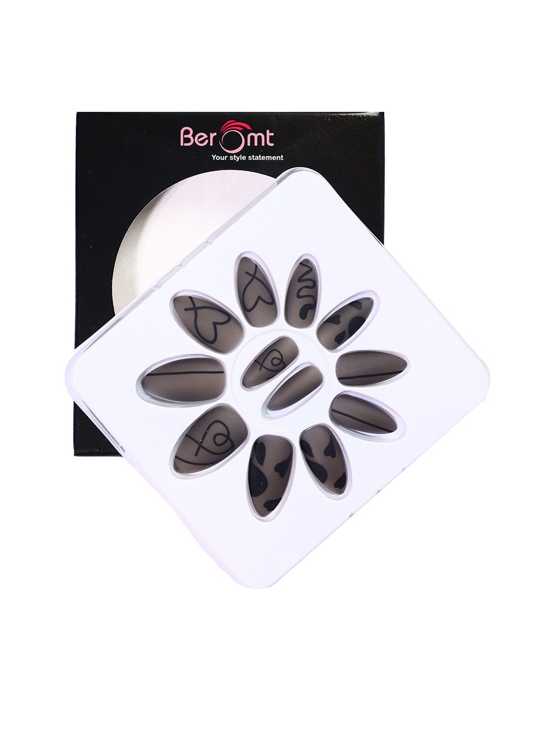 

BEROMT 12 Pcs Long-Lasting Reusable Lightweight Salon Finish Press On Nail Tips - 635, Charcoal