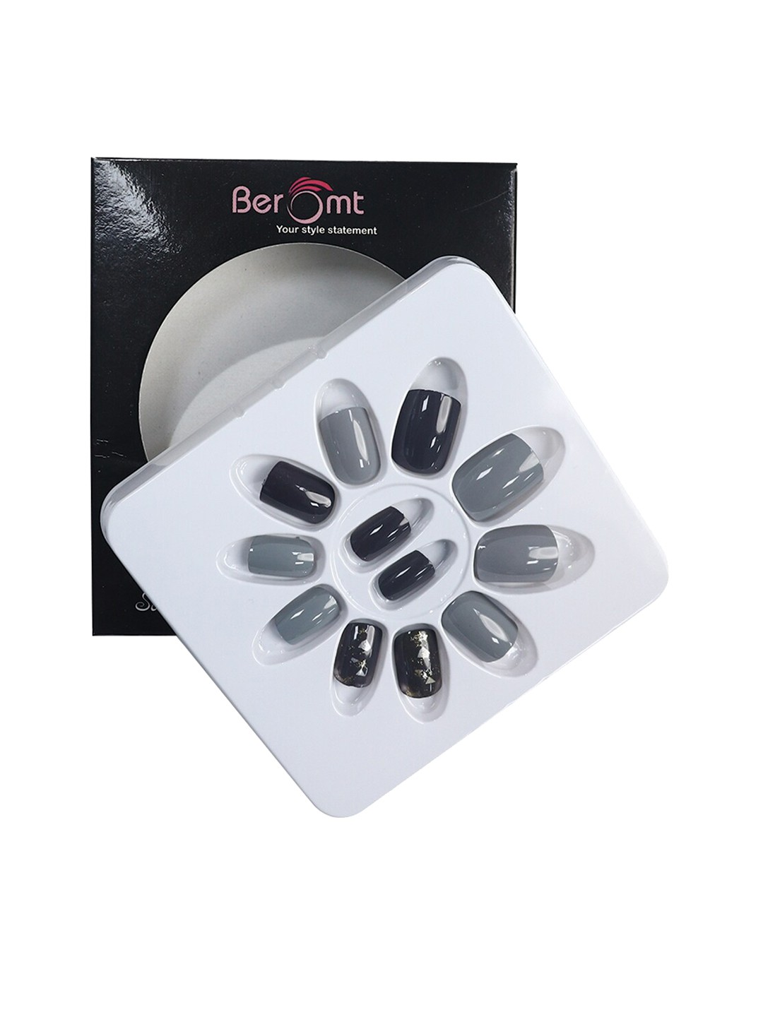 

BEROMT 12 Pcs Long-Lasting Reusable Lightweight Salon Finish Press On Nail Tips - 739, Grey