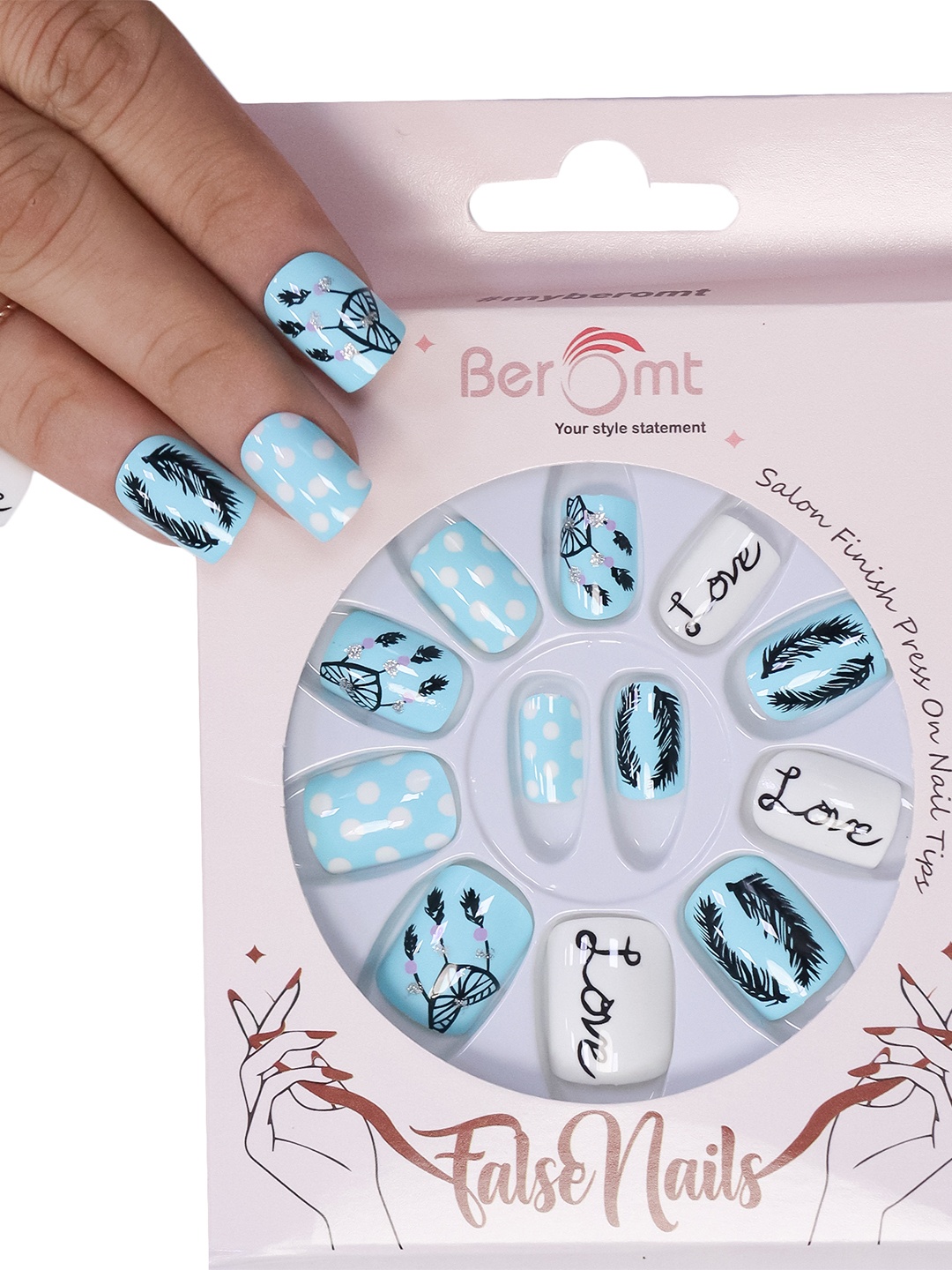 

BEROMT 12 Pcs Long-Lasting Casual Salon Finish Press On Nails - Shade 559, Blue