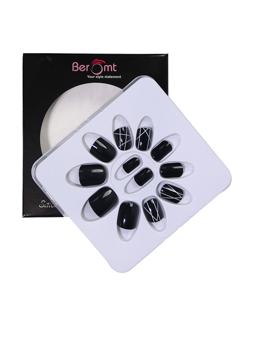 

BEROMT 12 Pcs Long-Lasting Reusable Lightweight Salon Finish Press On Nail Tips - 709, Black