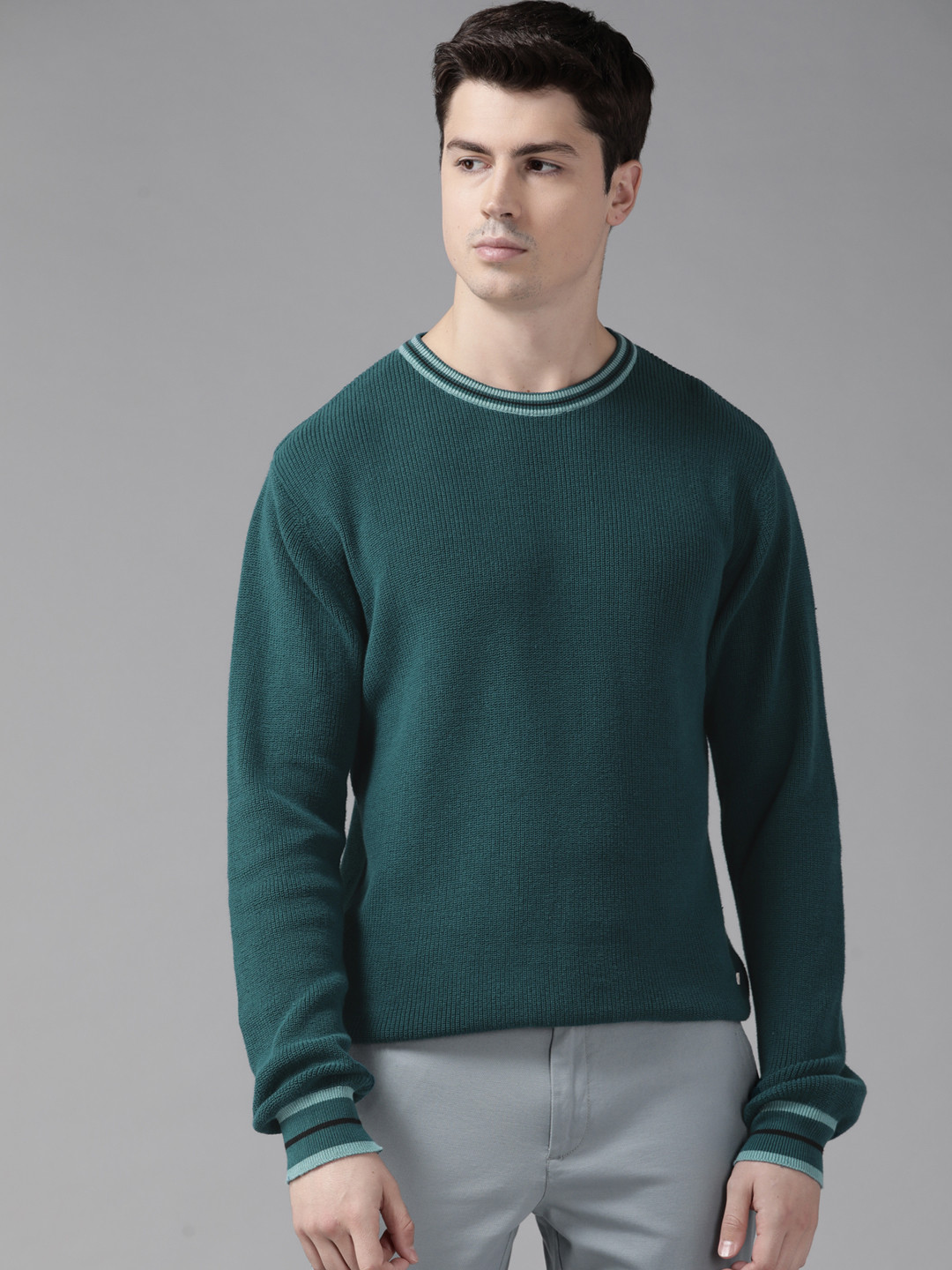 

Blackberrys Men Cotton Round Neck Knitted Pullover, Green