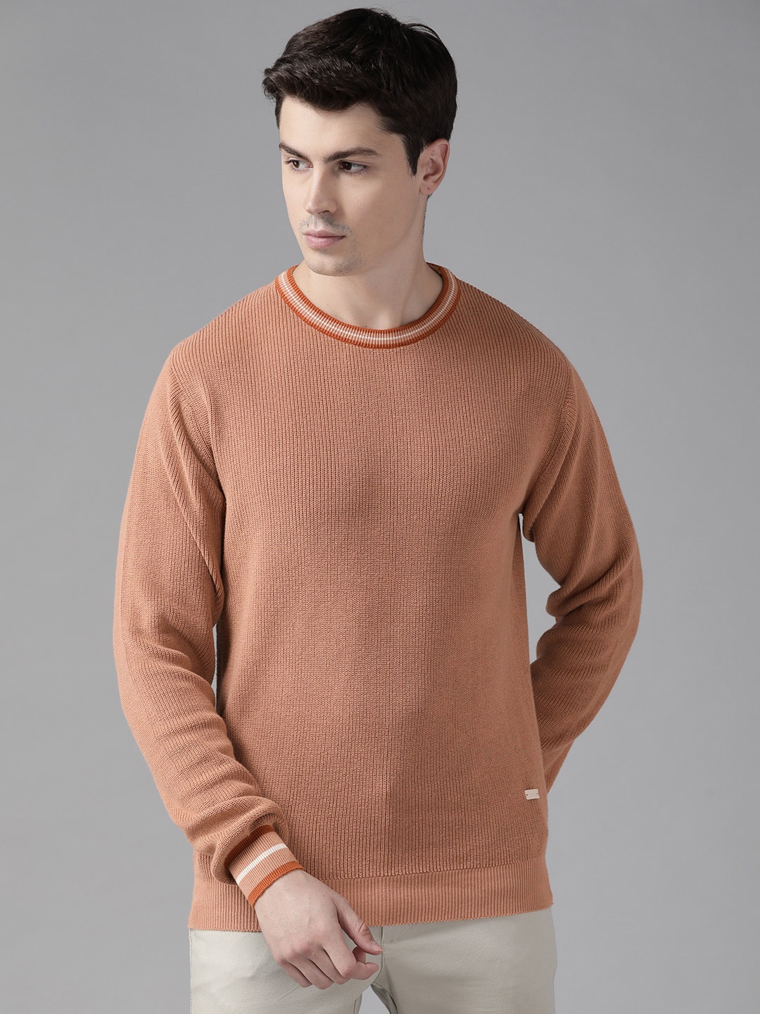 

Blackberrys Men Cotton Round Neck Knitted Pullover, Orange