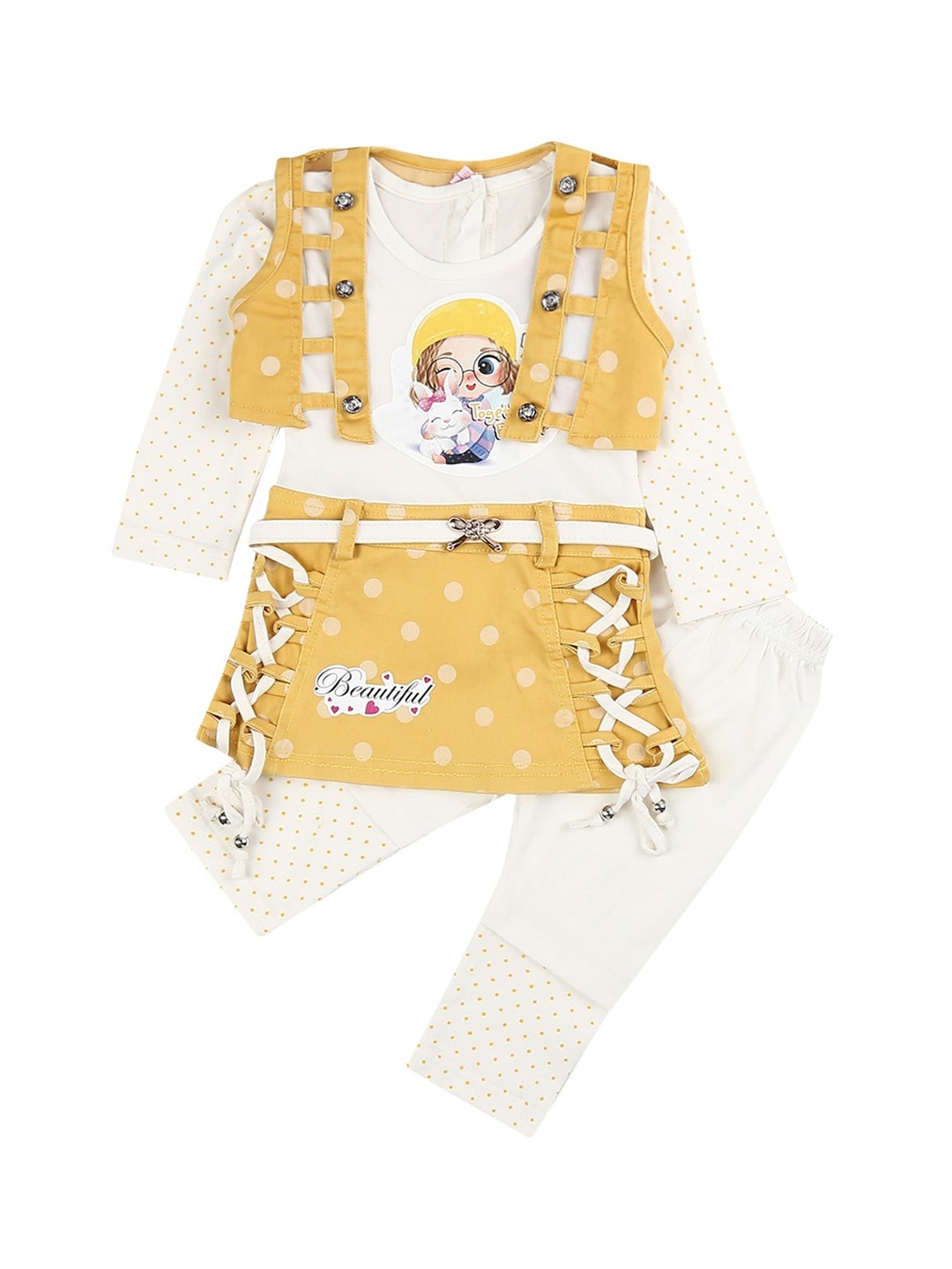 

V-Mart Unisex Kids Yellow & White Printed Top with Trousers