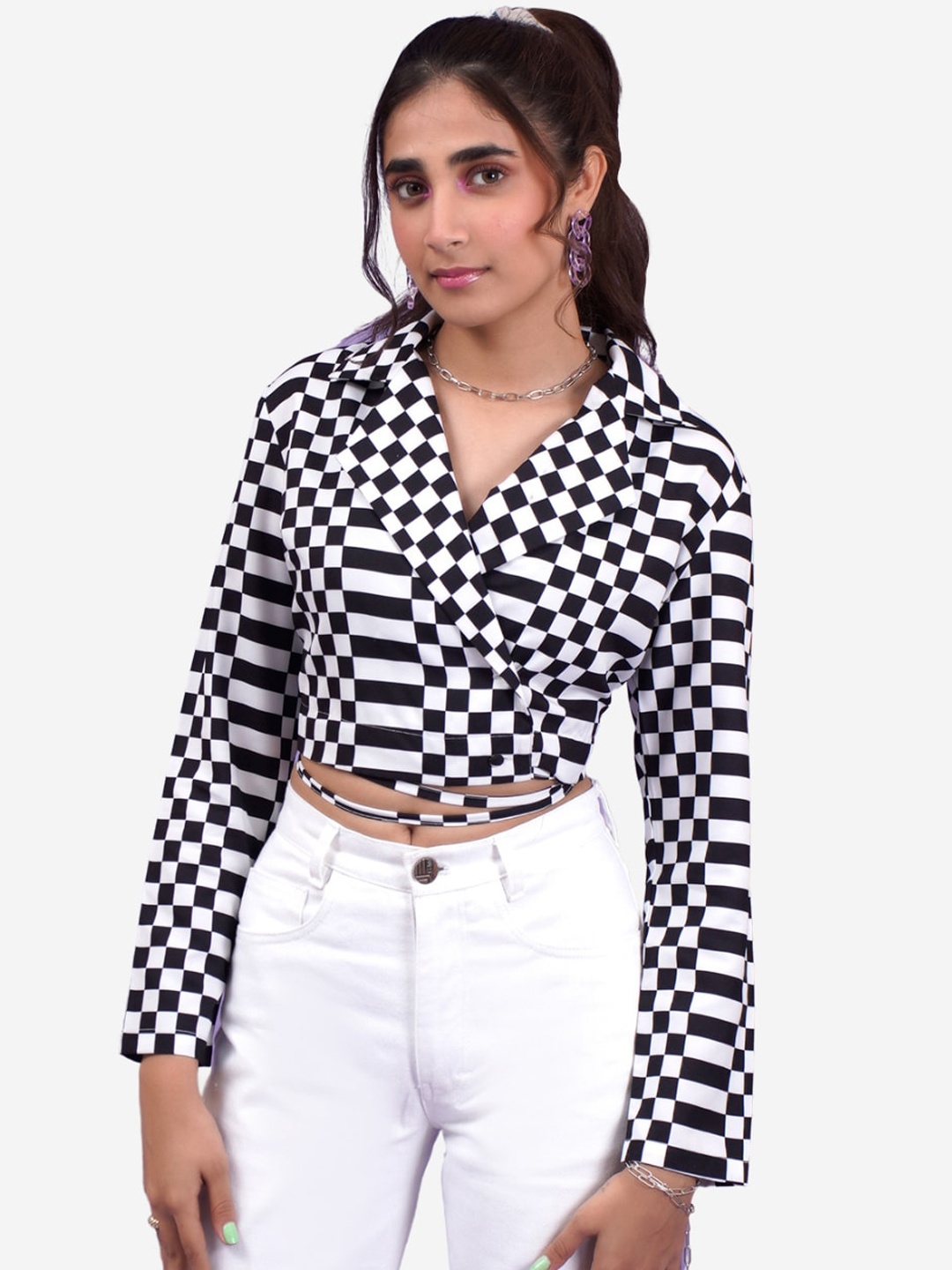 

Alaya By Stage3 Women Black monochrome Tailored Fit Double Breasted Crop Blazer