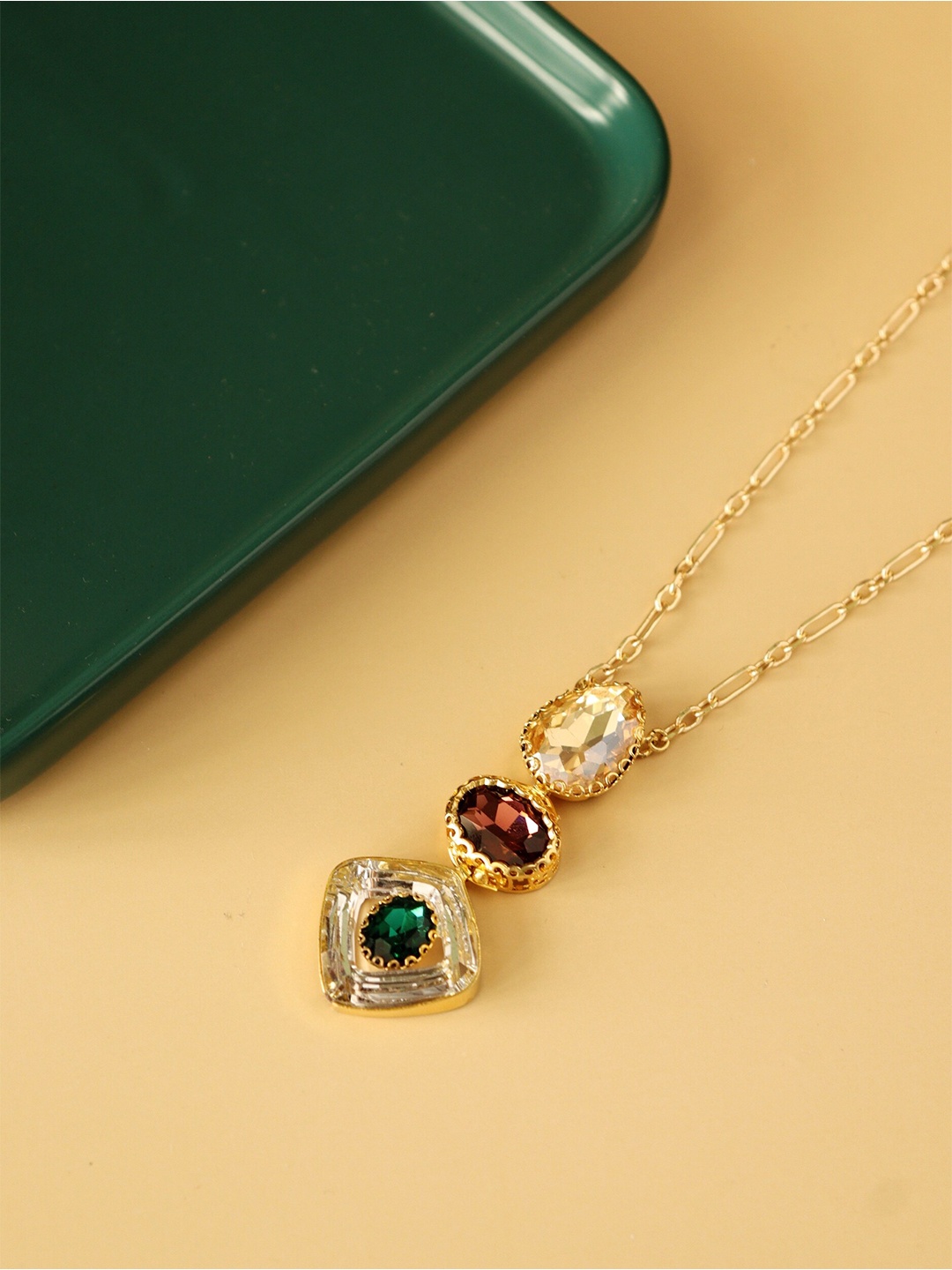 

CURIO COTTAGE Gold-Toned & Red Gold-Plated Crystals and Green Stone Necklace