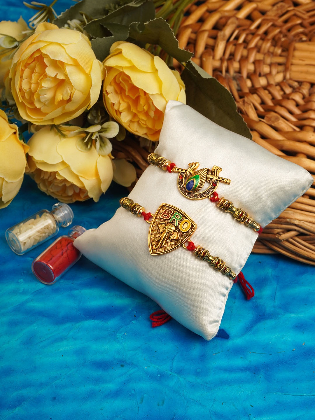 

Urmika Set Of 2 Gold-Toned Bhai Rakhi With Roli & Chawal