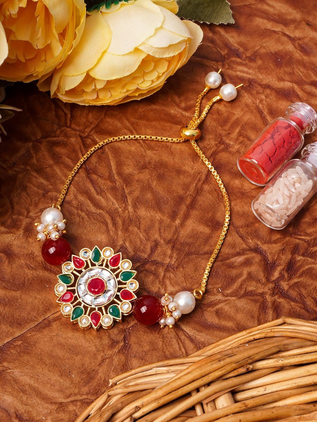

Urmika Red & Green Kundan Beaded Bhabhi Wraparound Rakhi
