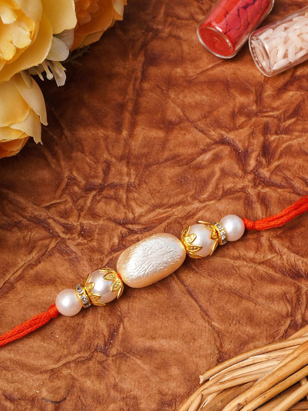 

Urmika Red & Gold-Toned Beaded Thread Rakhi Set
