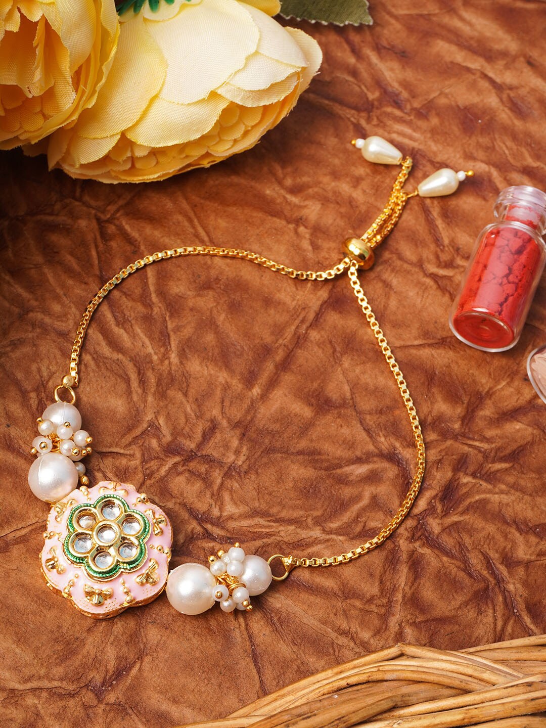 

Urmika Pink Meenakari Kundan Studded Rakhi Gift Set