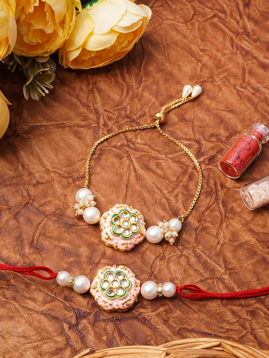 

Urmika Kundan rakhi for bhaiya & bhabhi with roli & chawal, Peach