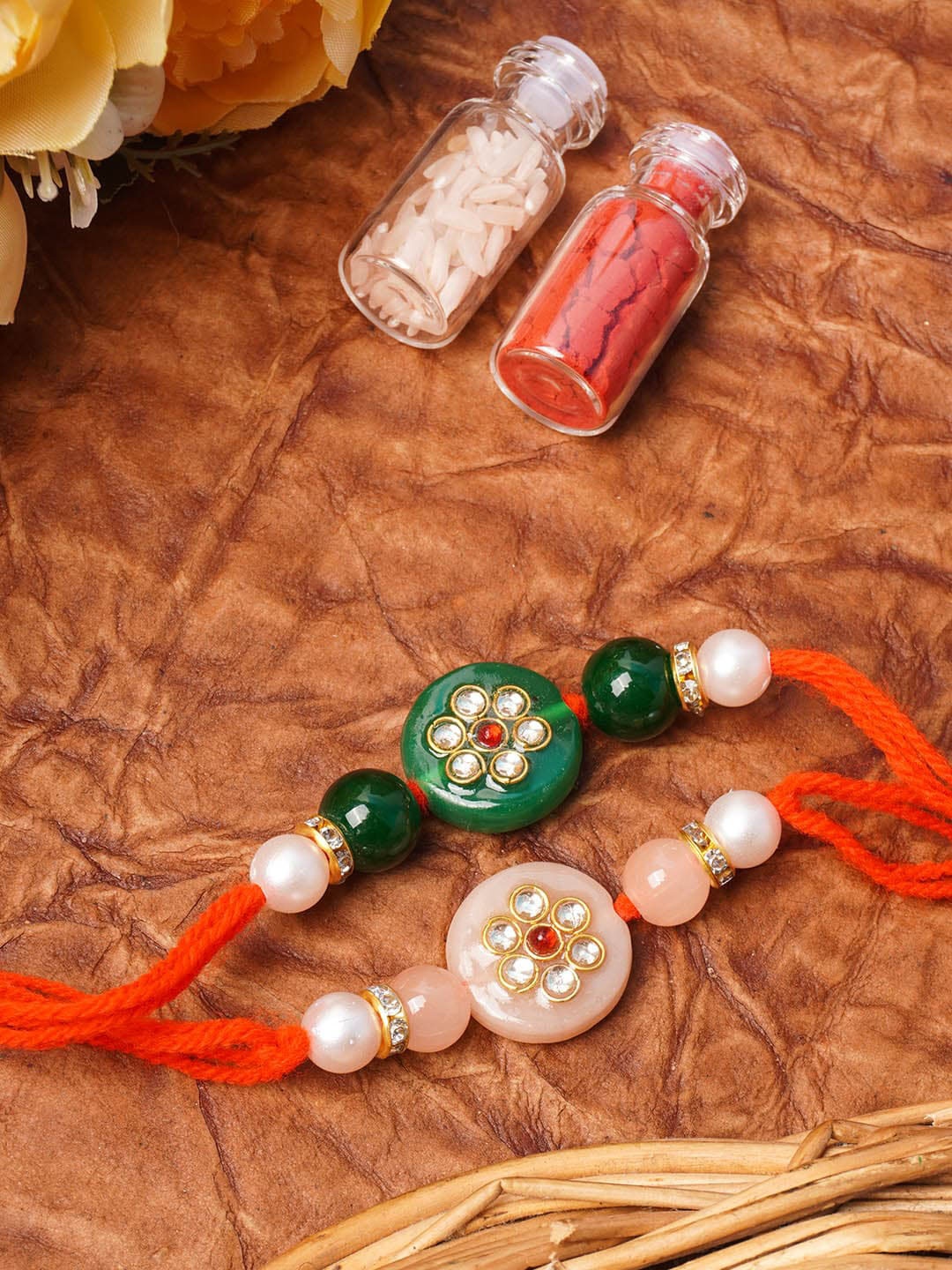 

Urmika Set of 2 unisex kundan Bhaiya Rakhi, Red
