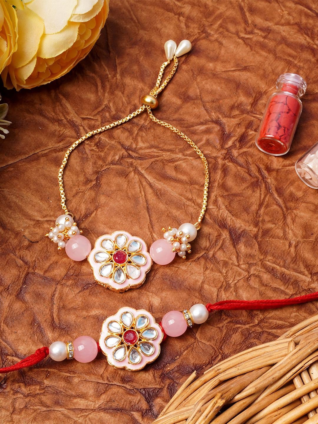 

Urmika White & Pink Kundan Studded Beaded Bhaiya bhabhi Rakhi