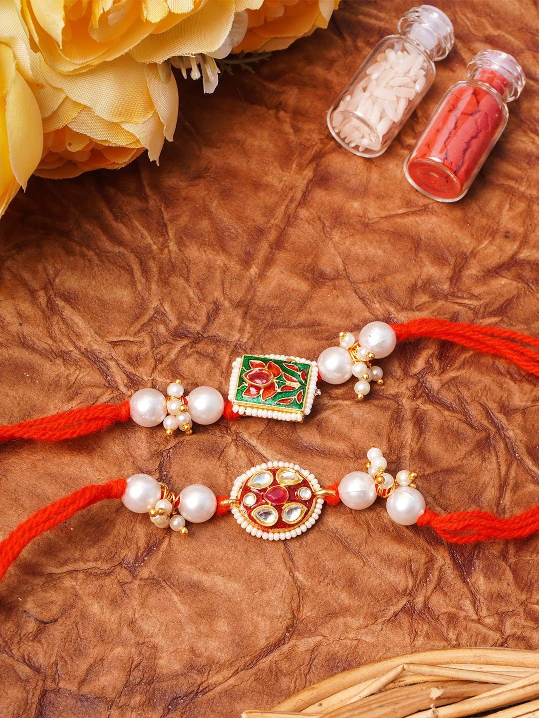

Urmika Set of 2 Meenakari Kundan Rakhi with Roli & Chawal, Multi