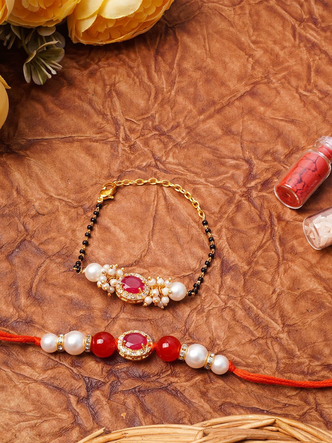 

Urmika Set Of 2 AD-Studded Rakhi With Roli & Chawal, Red
