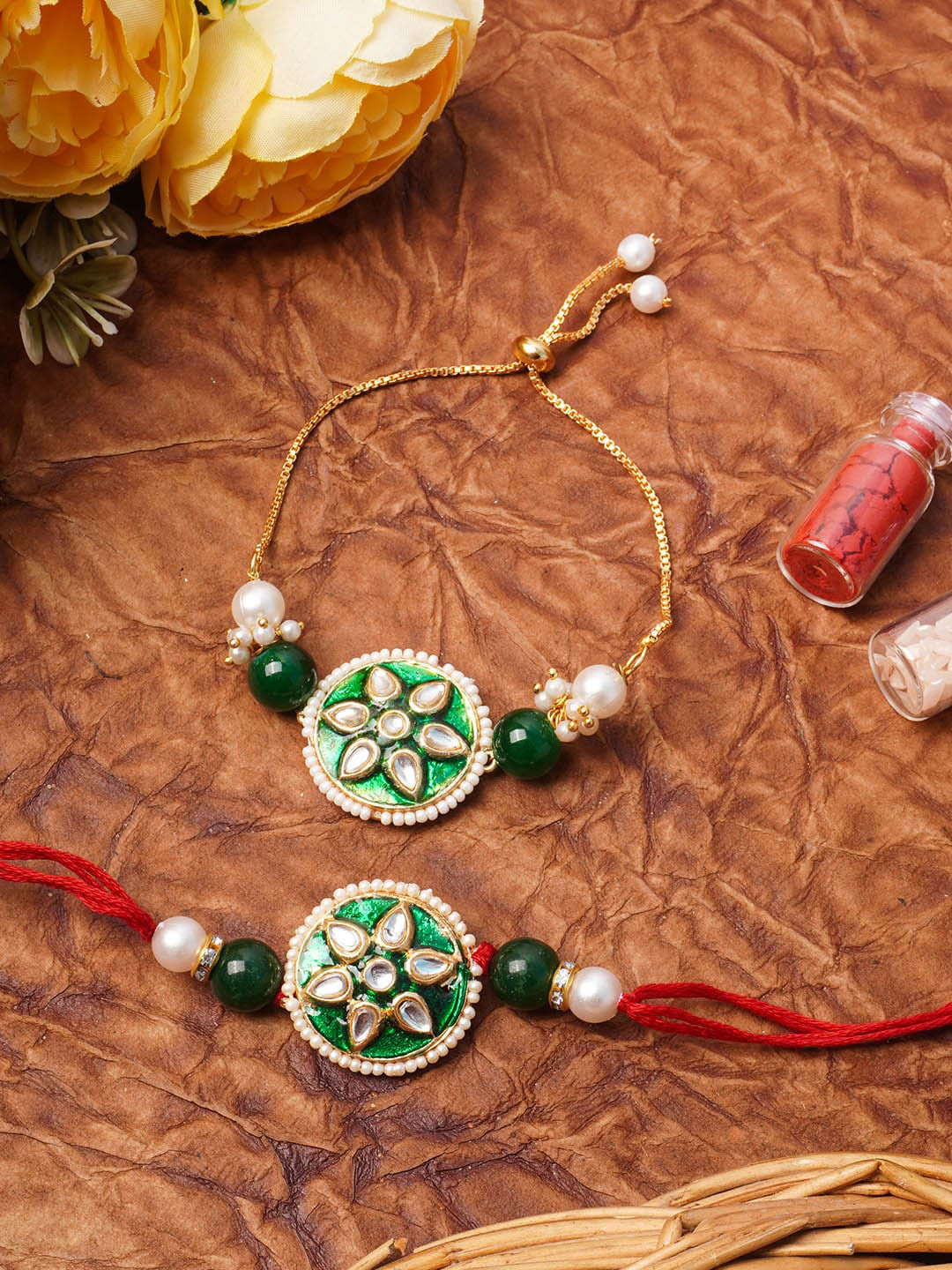 

Urmika Set of 2 Meenakari Kundan bhaiya & bhabhi Rakhi, Green