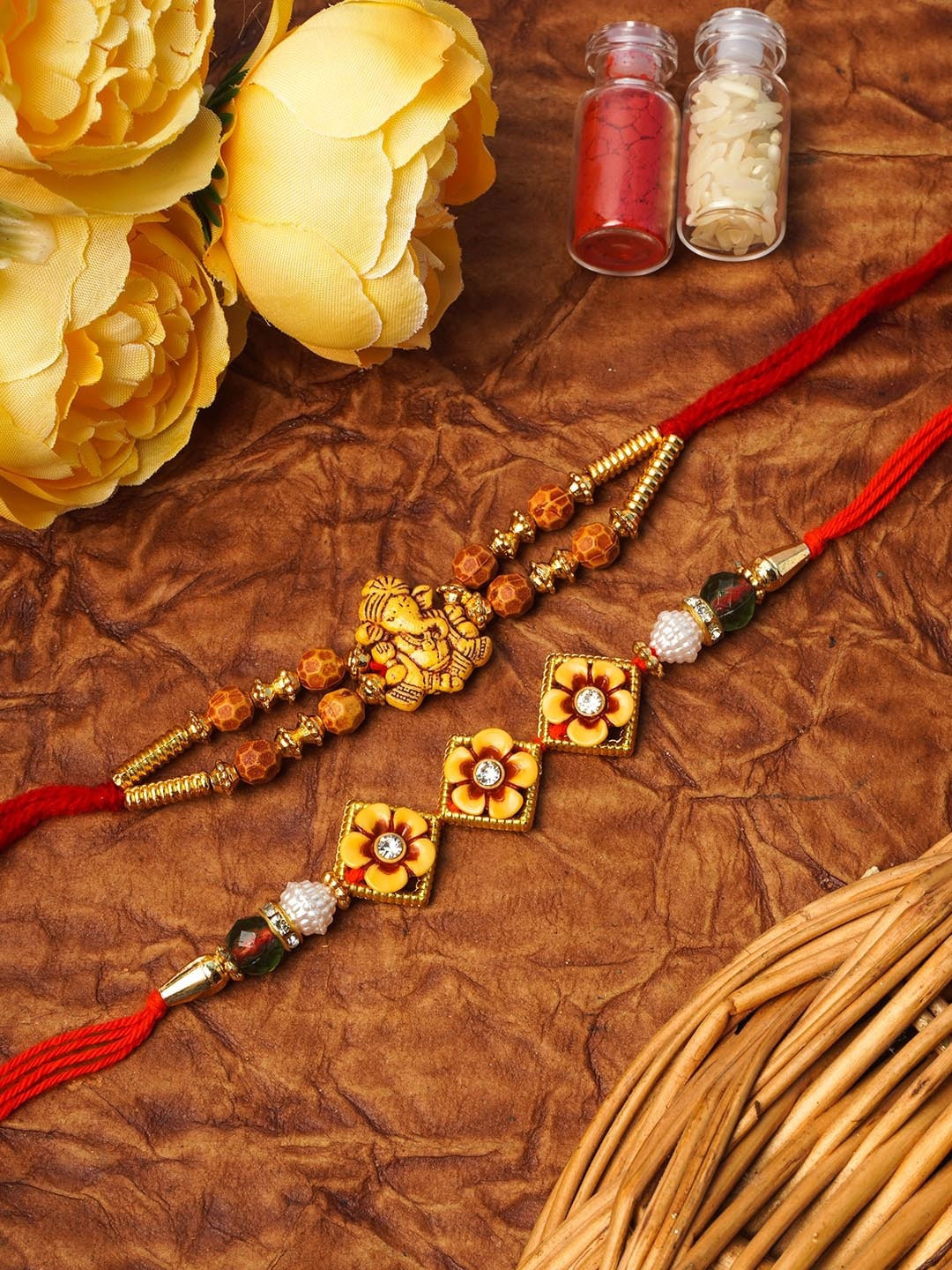 

Urmika Set of 2 Traditional Rakhi With Roli Chawal, Yellow