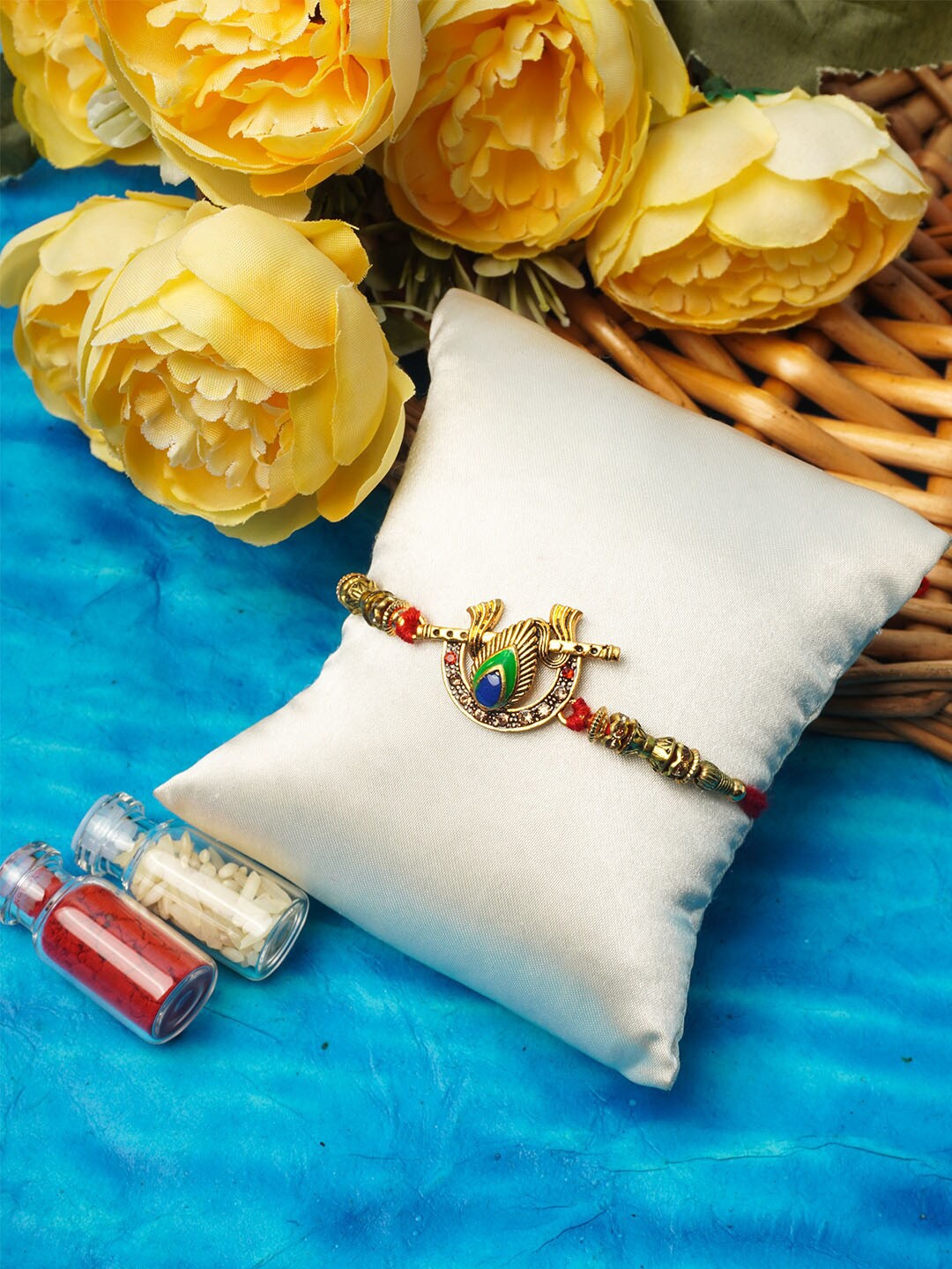 

Urmika Peacock Rakhi unisex with Roli & Chawal, Multi