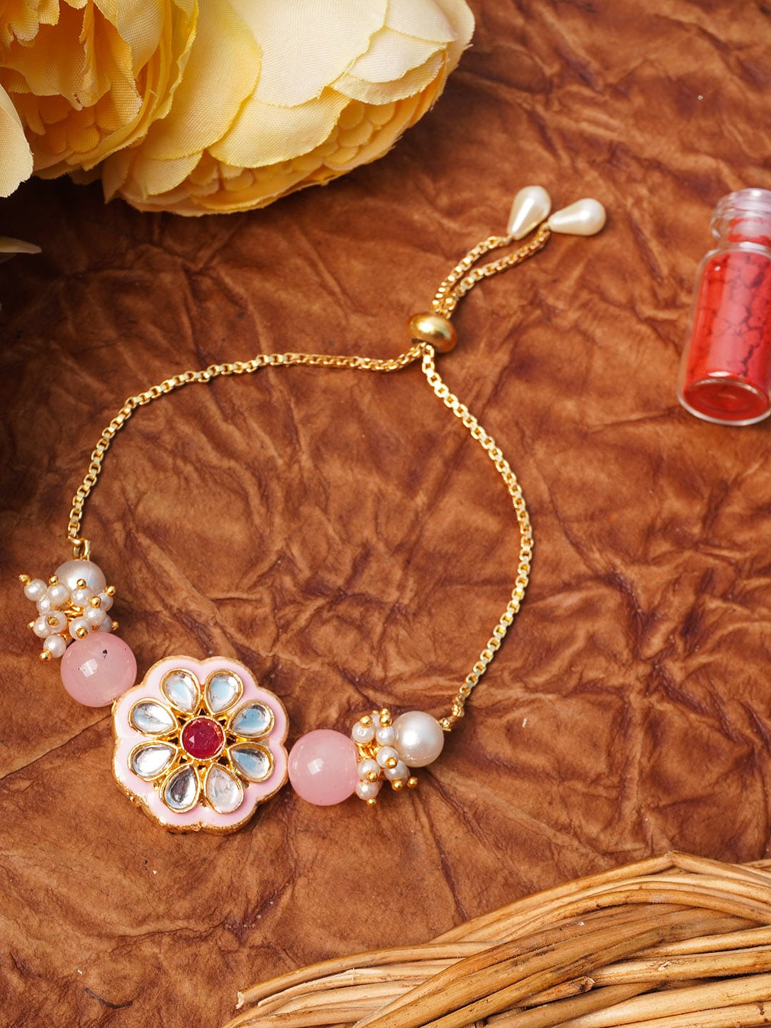 

Urmika Pink Meenakari kundan Bhabhi Rakhi With Roli & Chawal