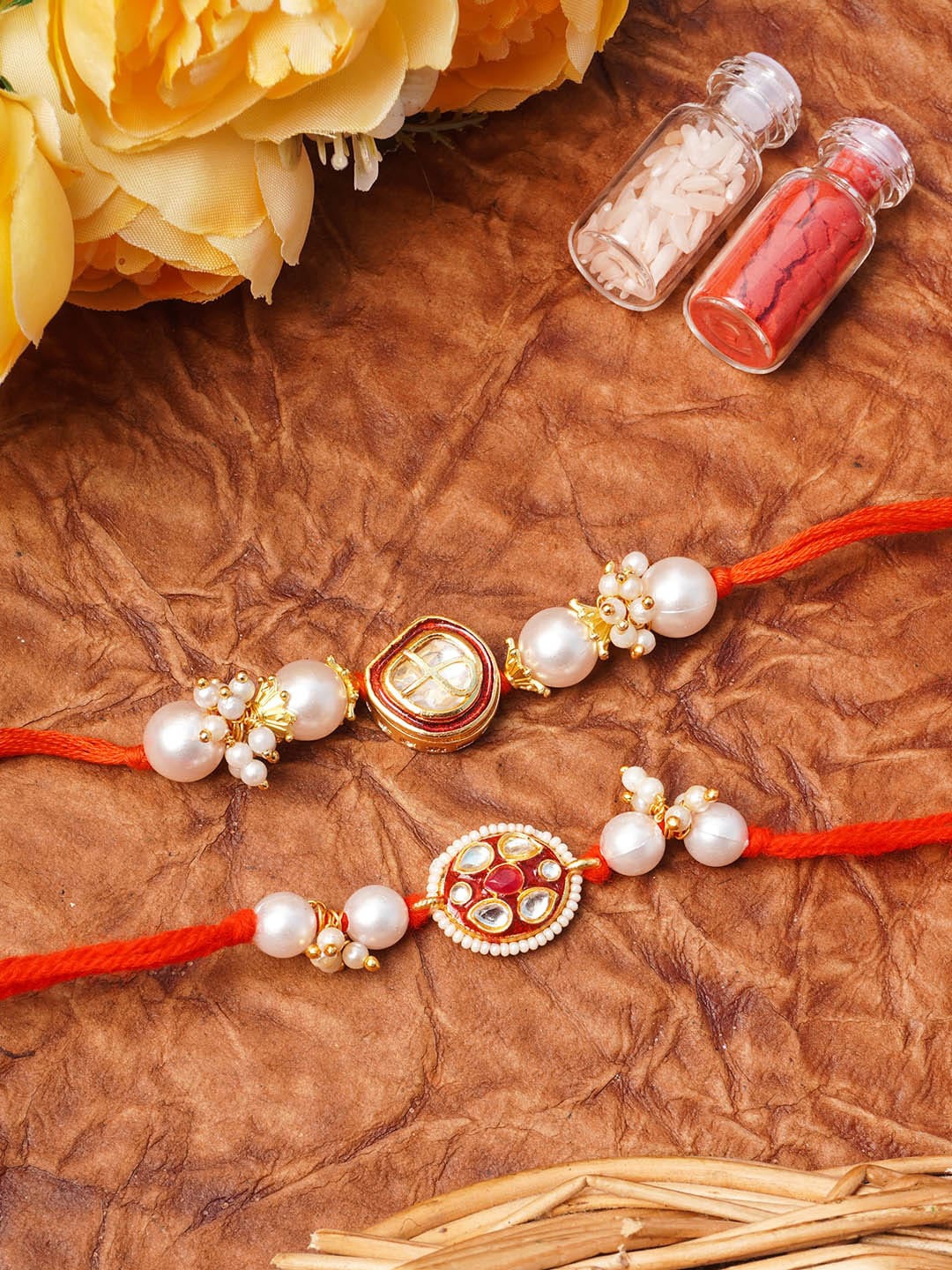 

Urmika Set Of 2 Meenakari Kundan Rakhi With Roli & Chawal, White