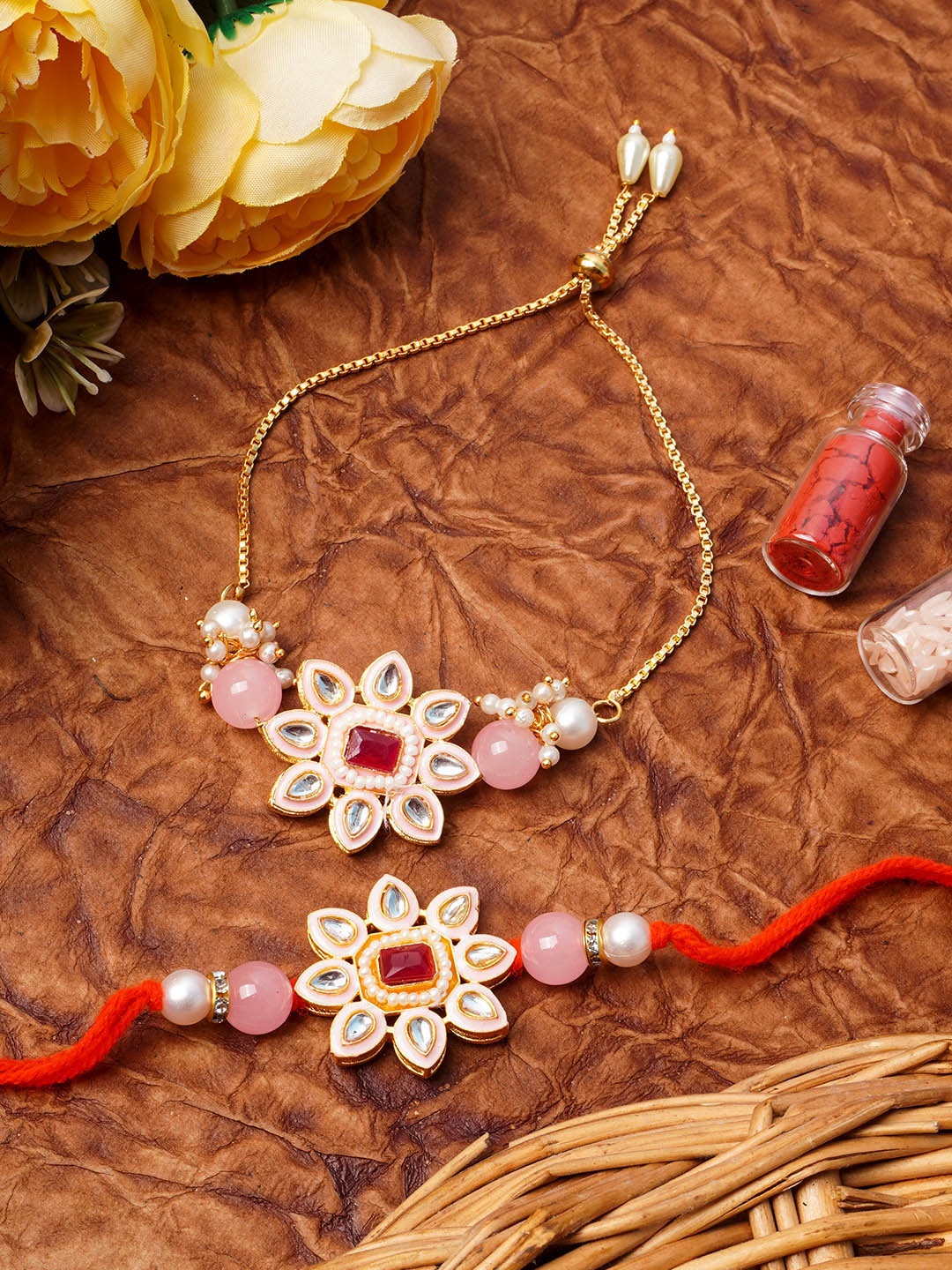 

Urmika Set Of 2 Multi-Coloured Kundan-Studded & Pearl Beaded Rakhi