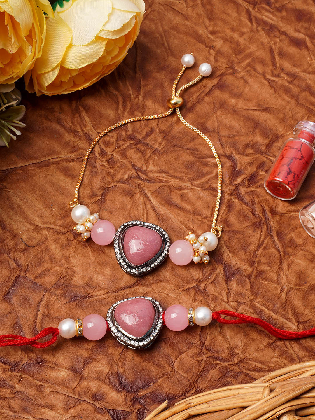 

Urmika Pack Of 2 Red Threaded Pink AD Studded Rakhi