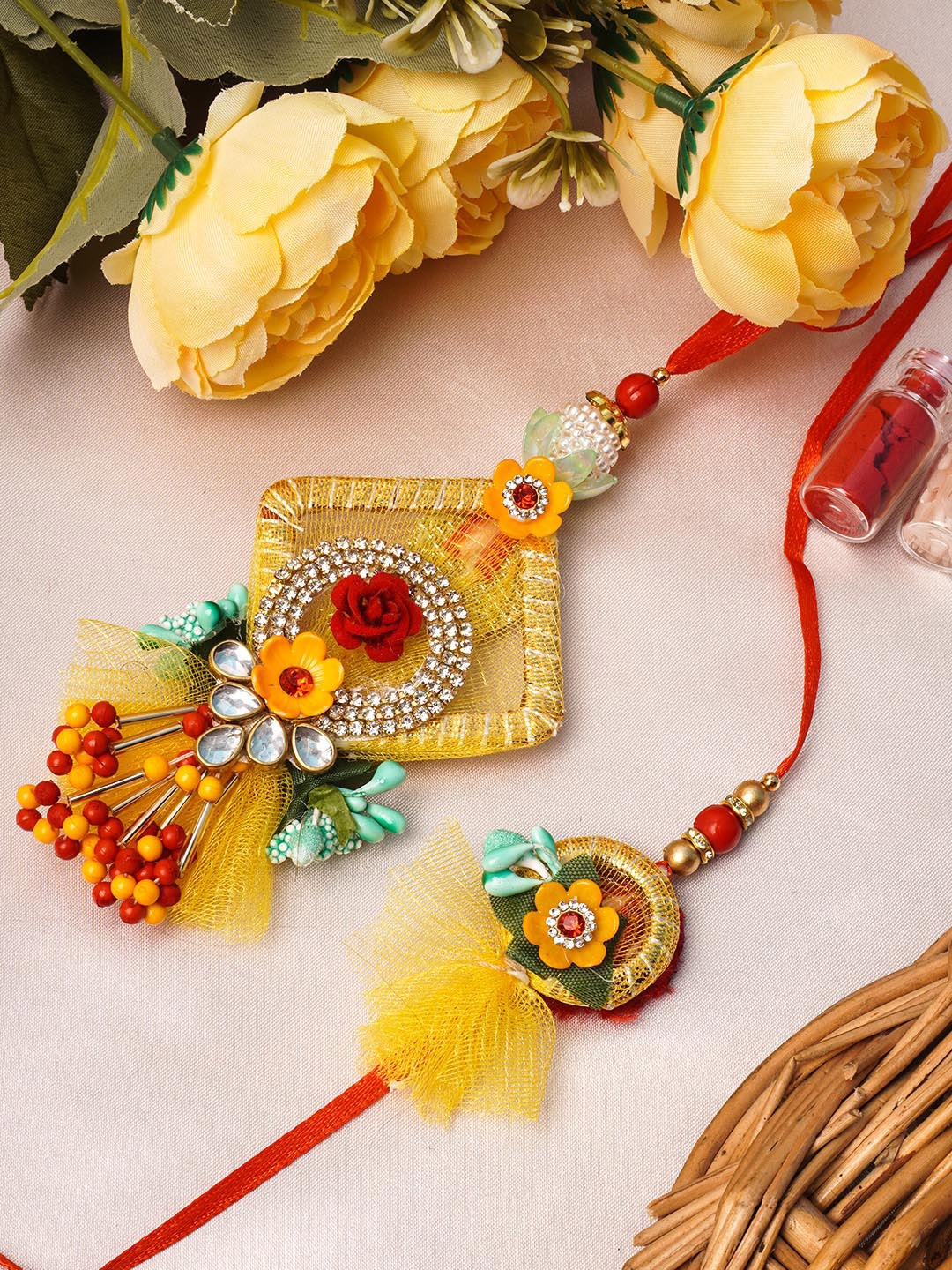

Urmika Set of 2 Lumba & Rakhi Set for Bhaiya Bhabhi with roli & chawal, Yellow