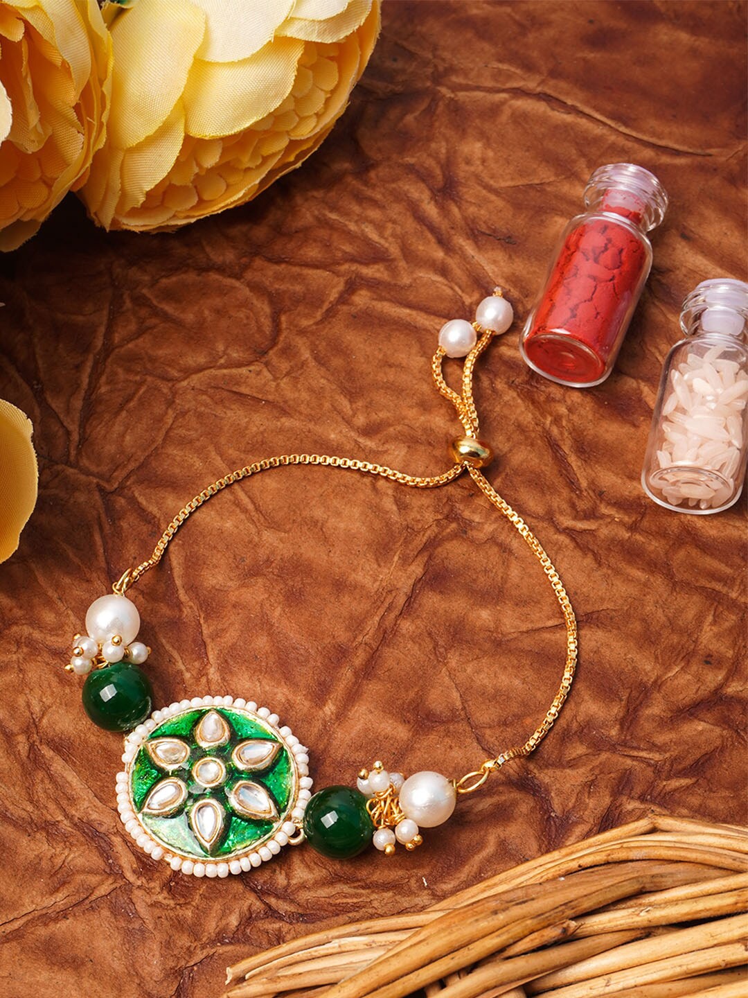 

Urmika Red & Green Beaded Thread Rakhi With Roli & Chawal