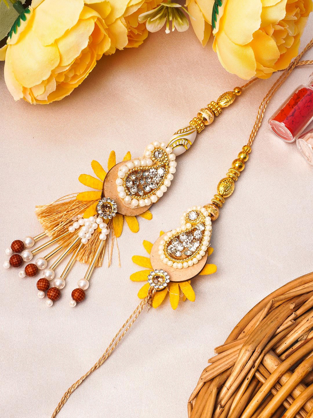

Urmika Unisex Set Of 2 Red & Yellow Pearl Beaded Rakhi