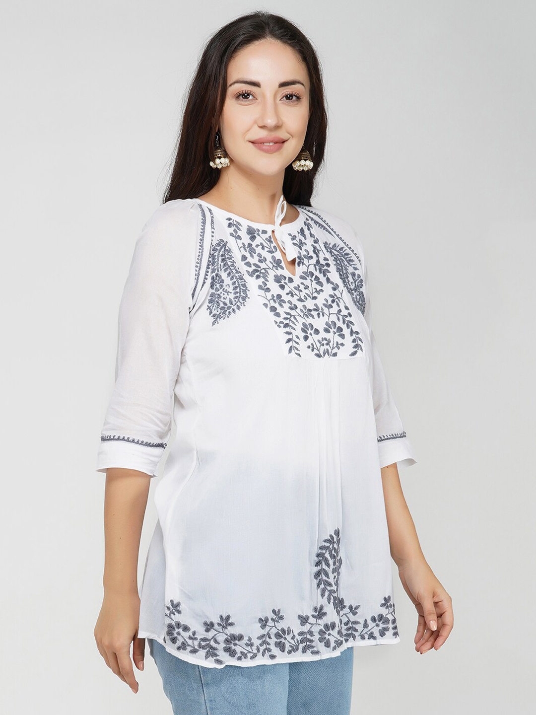 

VAHSON Chikankari Hand Embroidered Semi-Sheer Cotton Top, White
