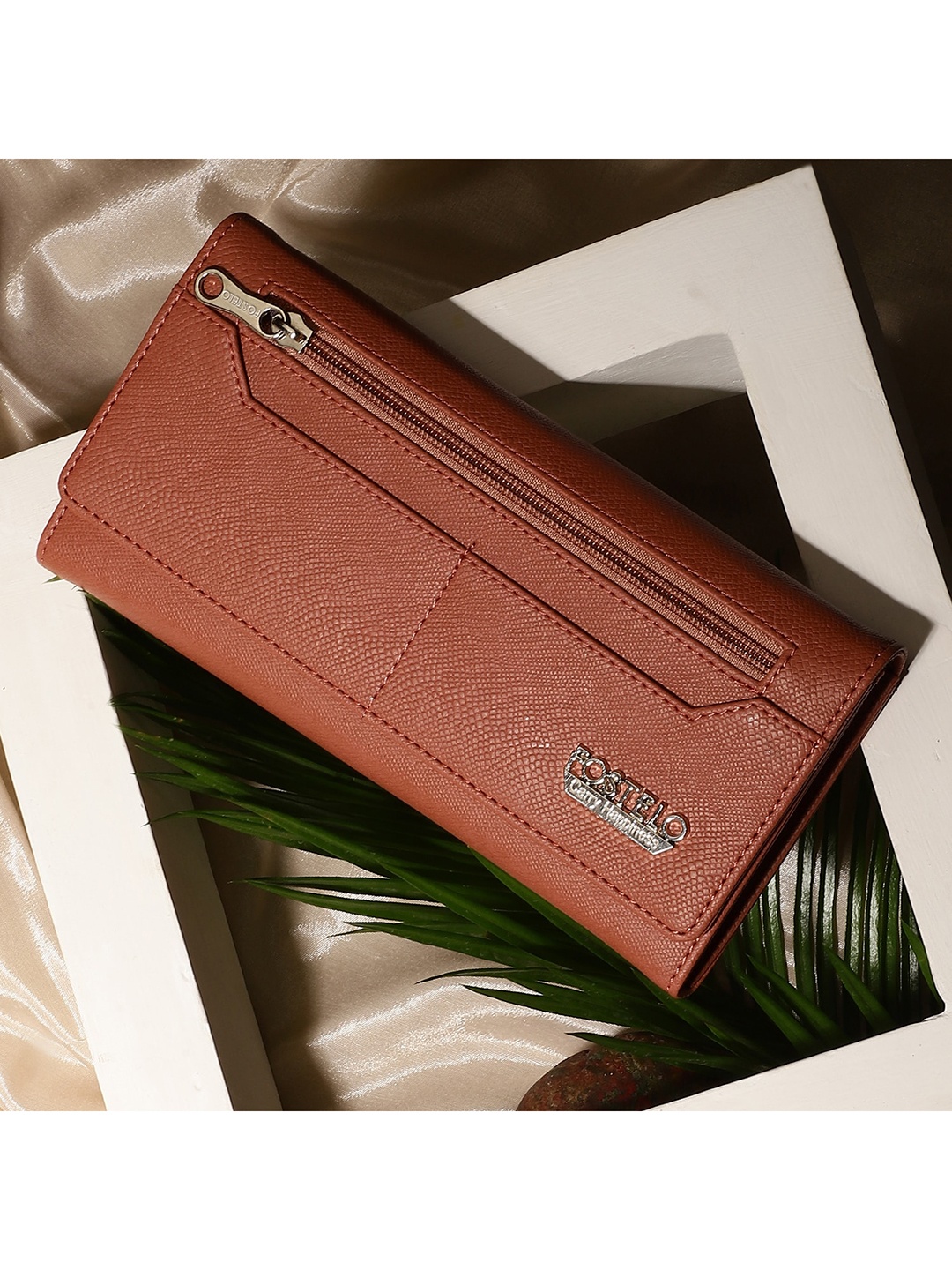 

Fostelo Peach-Coloured Embellished Foldover Clutch