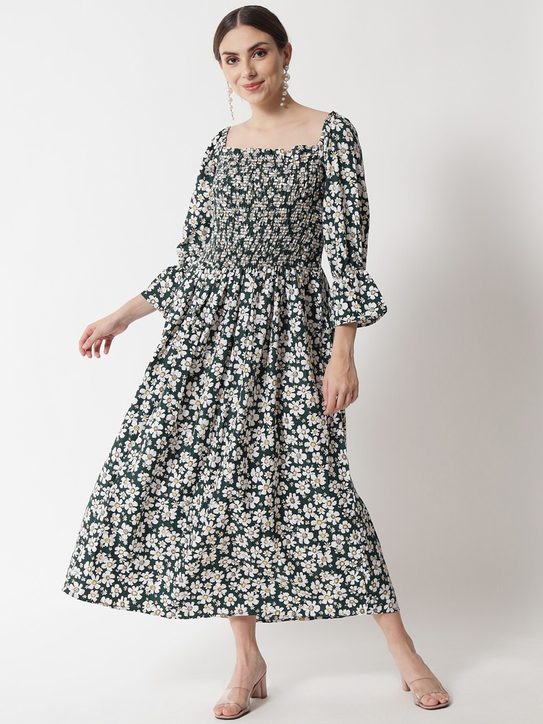 

VAANI CREATION Green & White Floral Printed Smocked Midi Dress