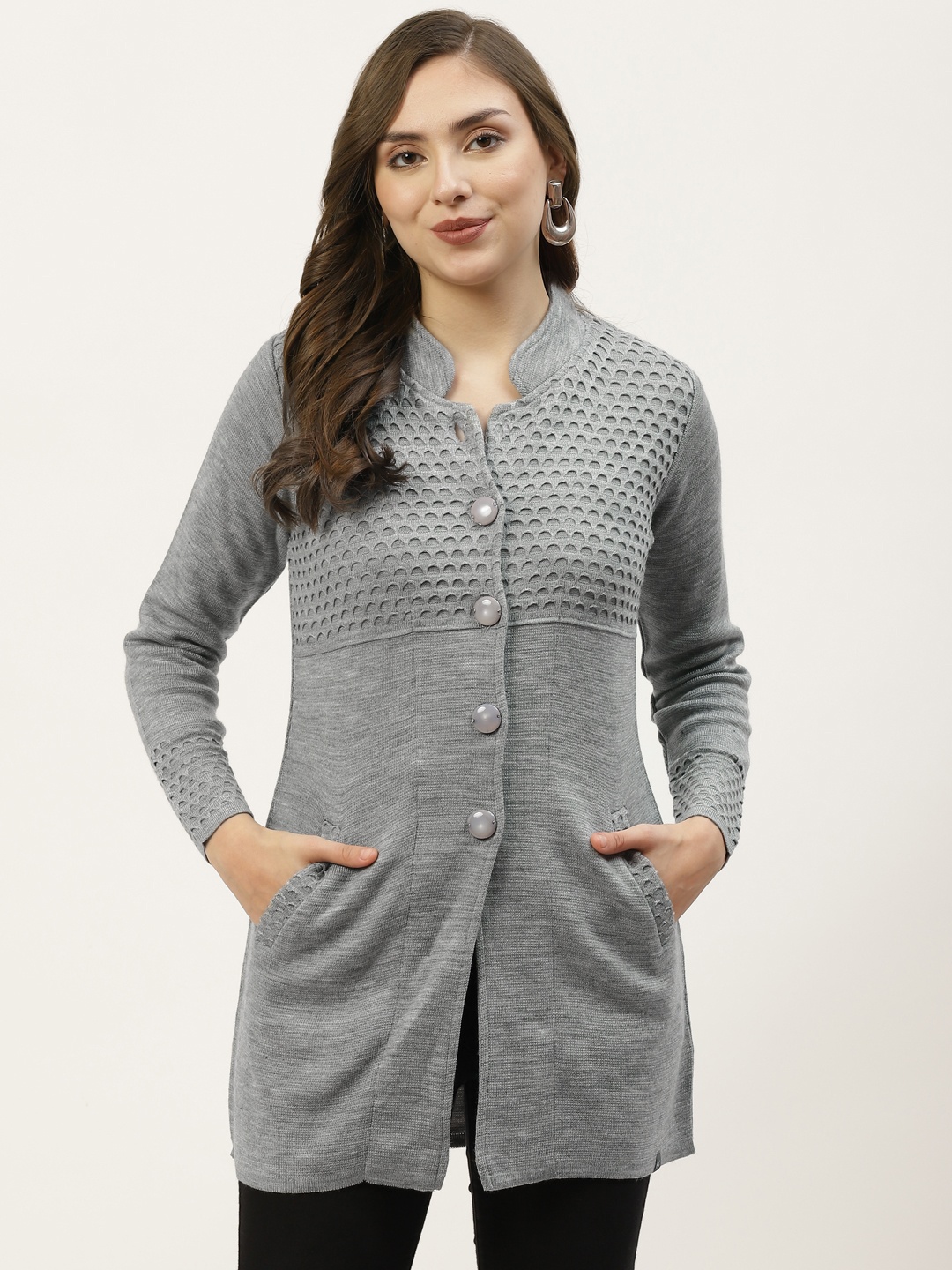 

Monte Carlo Women Grey Melange Solid Longline Cardigan