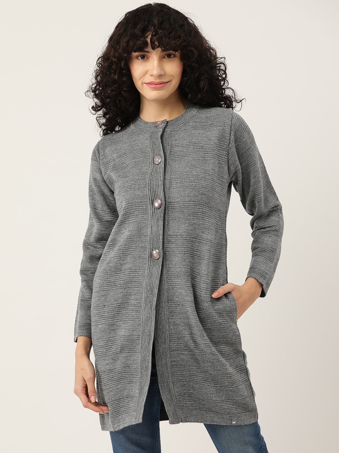 

Monte Carlo Women Grey Striped Self Design Band Collar Knitted Longline Cardigan
