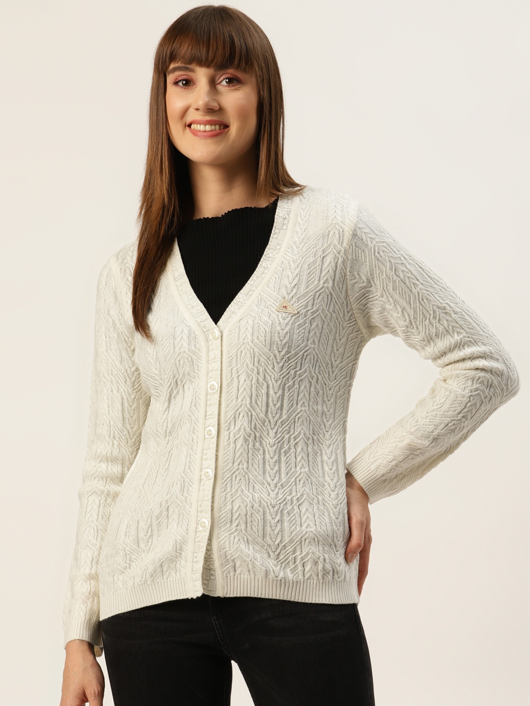 

Monte Carlo Women Off White Self-Design Cardigan