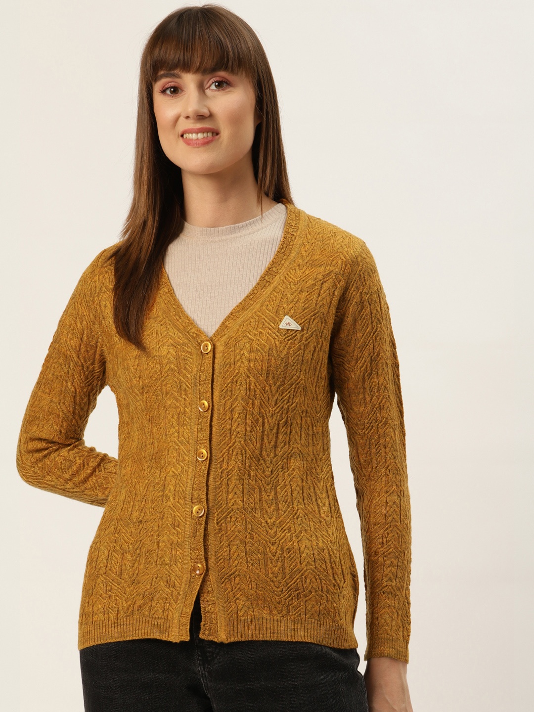 

Monte Carlo Women Mustard Brown Self-Design Cardigan