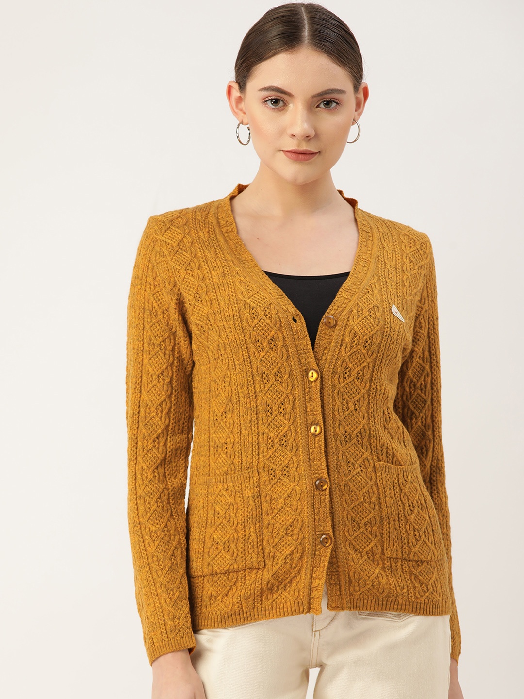 

Monte Carlo Women Mustard Yellow Cable Knit Cardigan