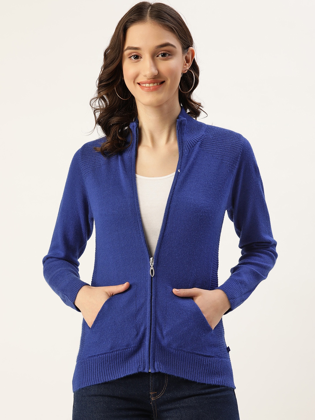 

Monte Carlo Women Blue Solid Ribbed Zipper Cardigan