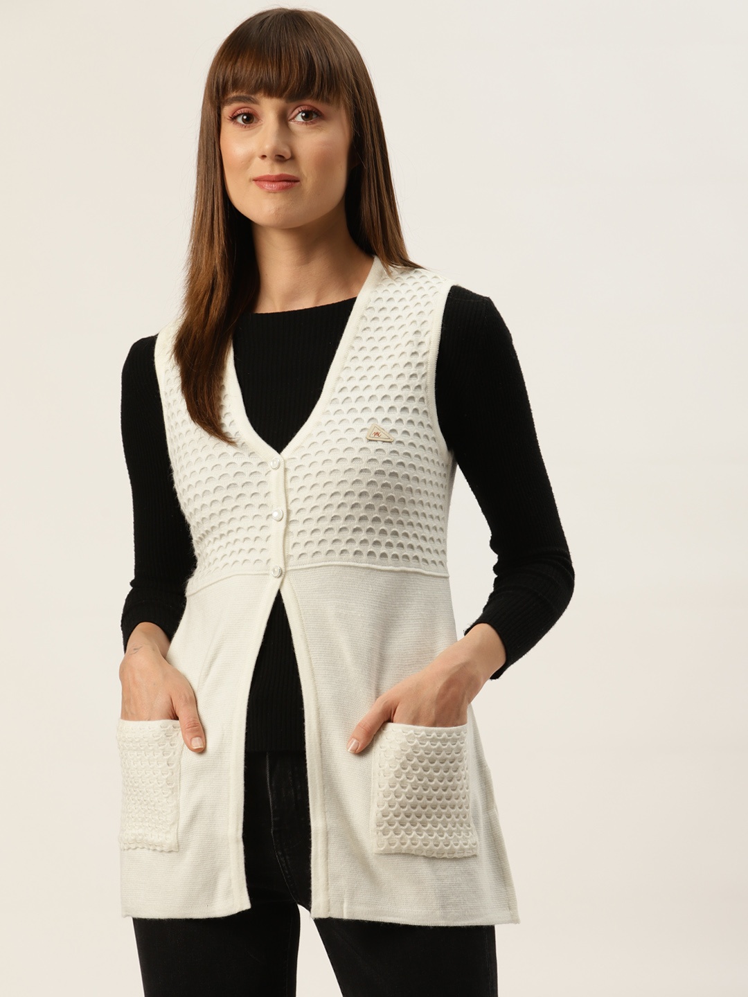 

Monte Carlo Women Off White Geometric Self Design Cardigan