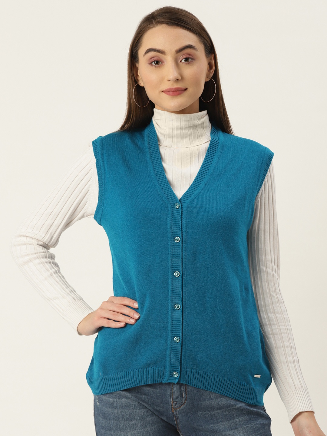 

Monte Carlo Women Teal Green Solid V-Neck Sleeveless Cardigan