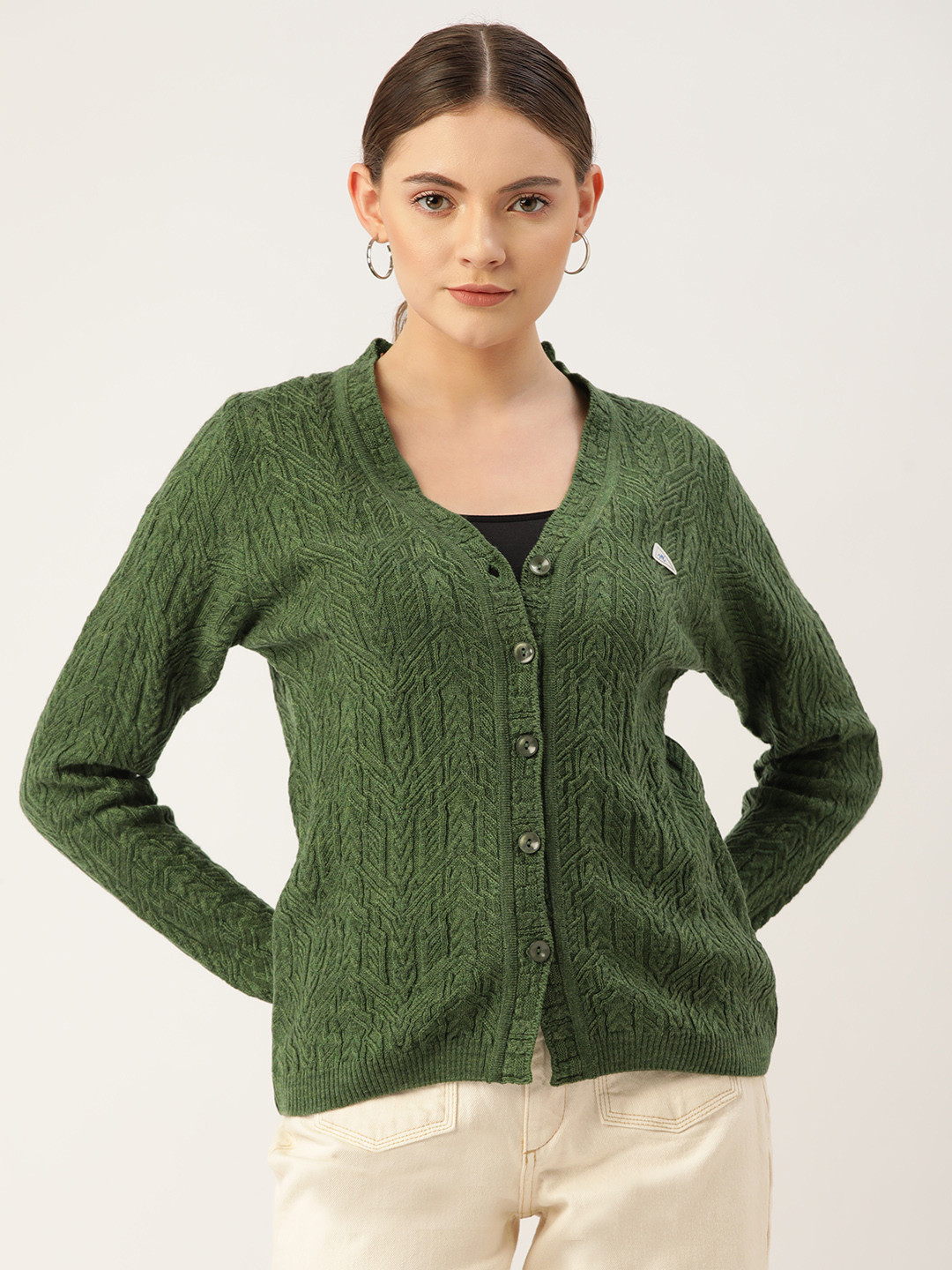

Monte Carlo Women Olive Green Geometric Self Design Cardigan