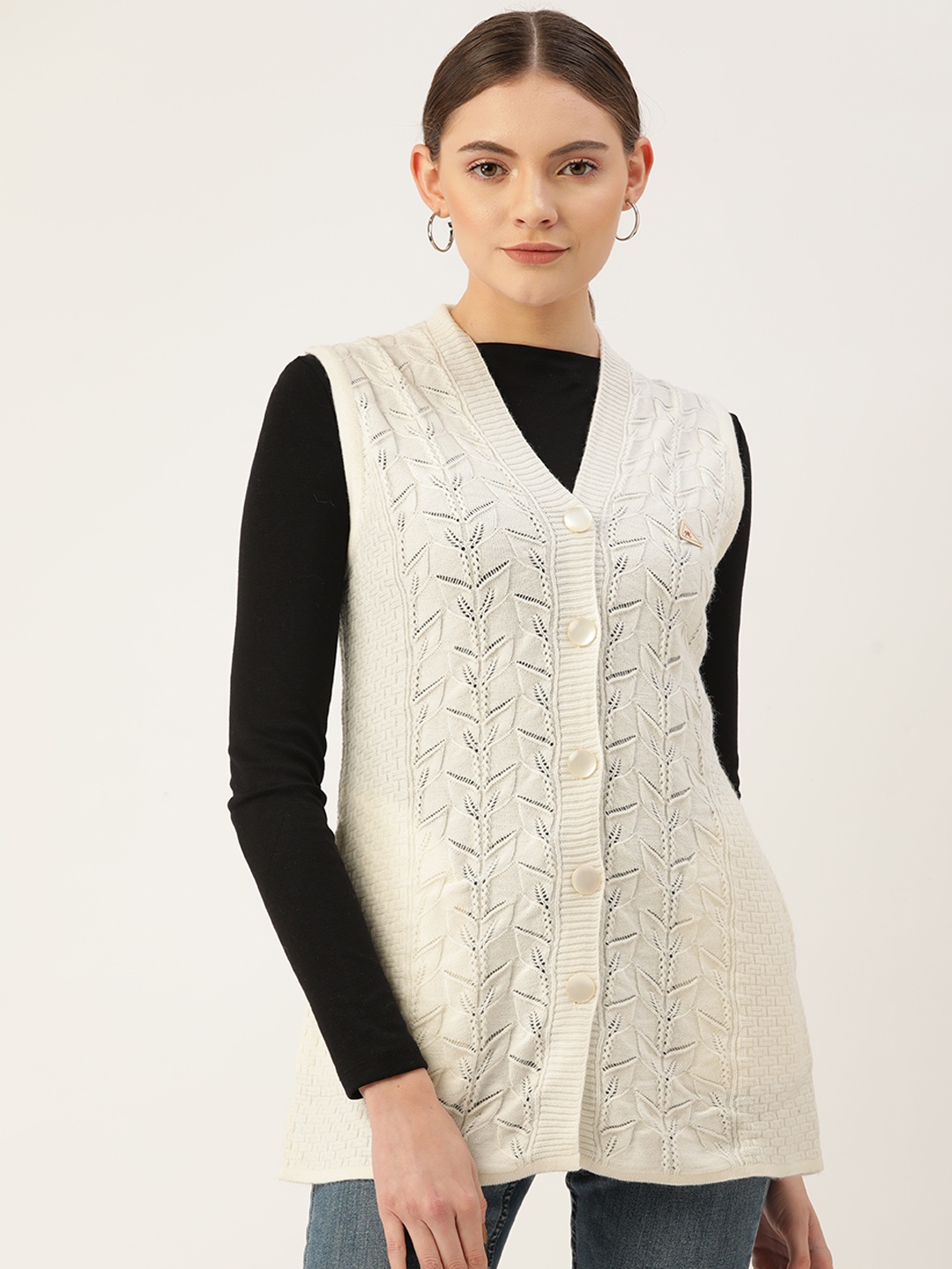

Monte Carlo Women Off White Geometric Self Design Cardigan