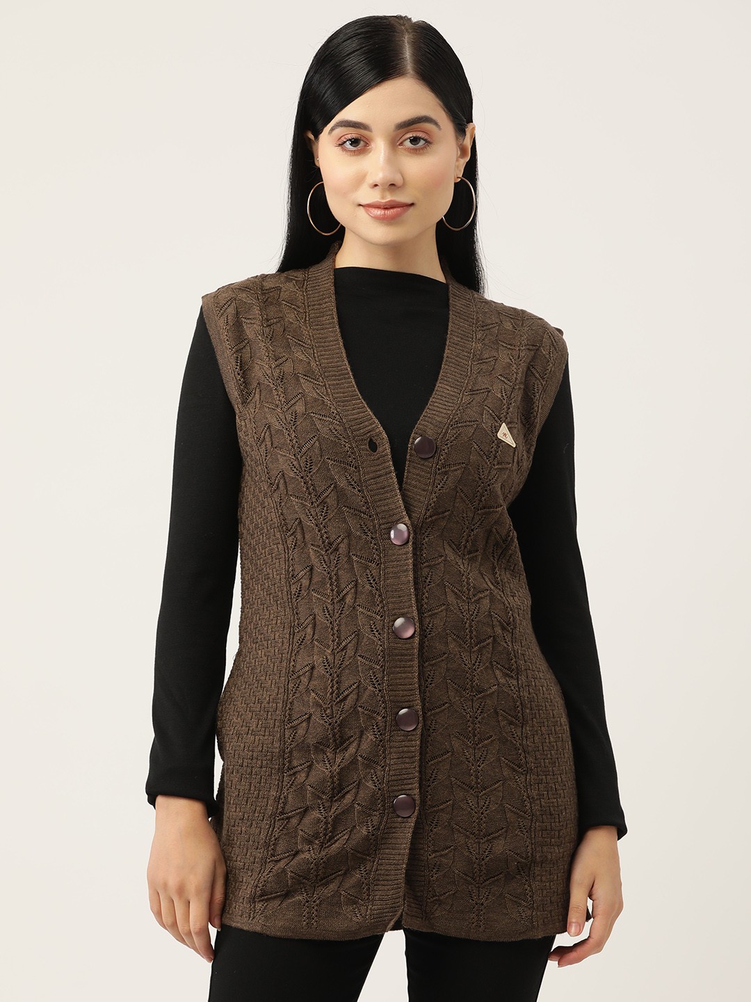 

Monte Carlo Women Brown Self Design Longline Cardigan