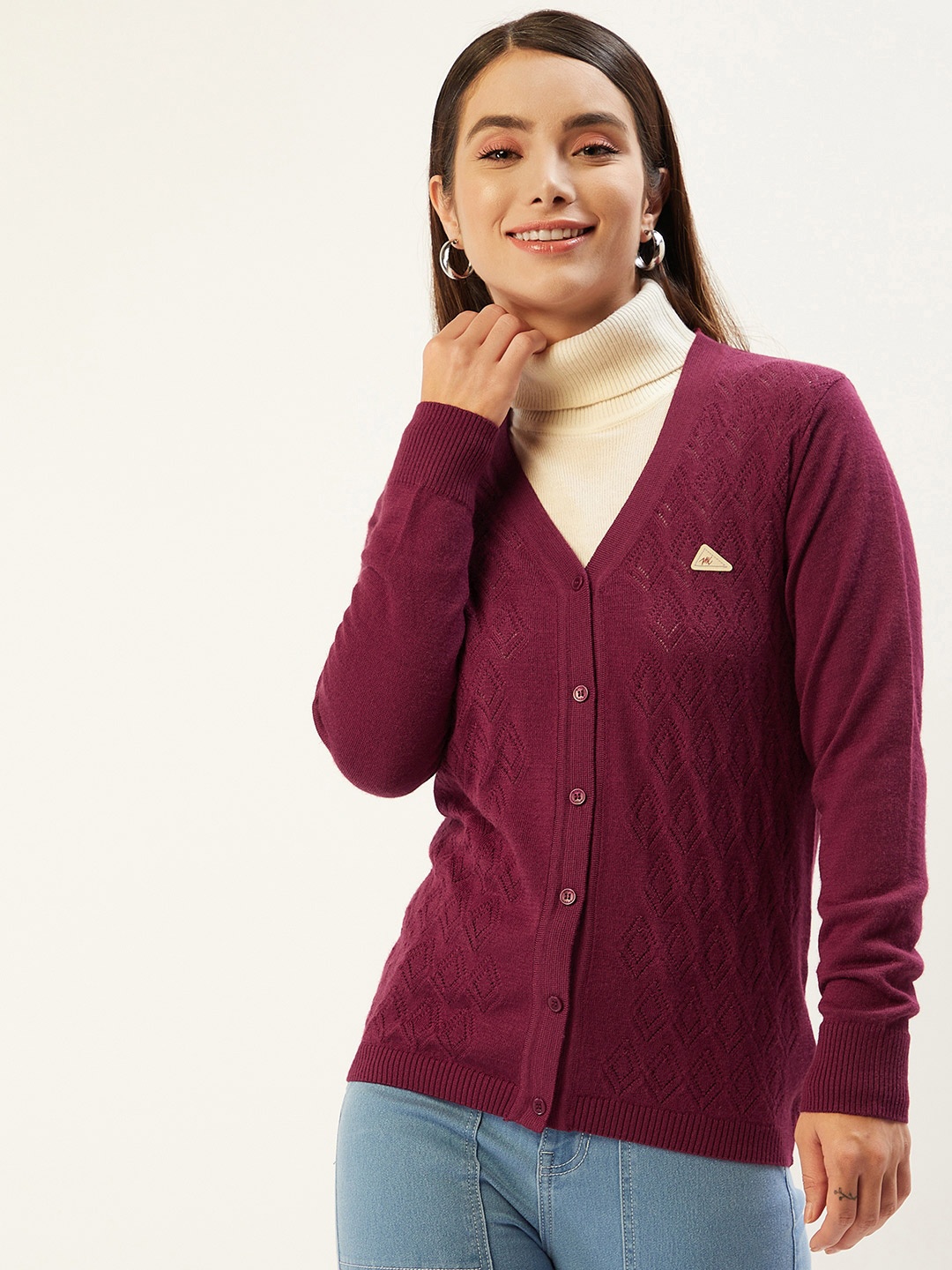 

Monte Carlo Women Burgundy Self Design Cardigan