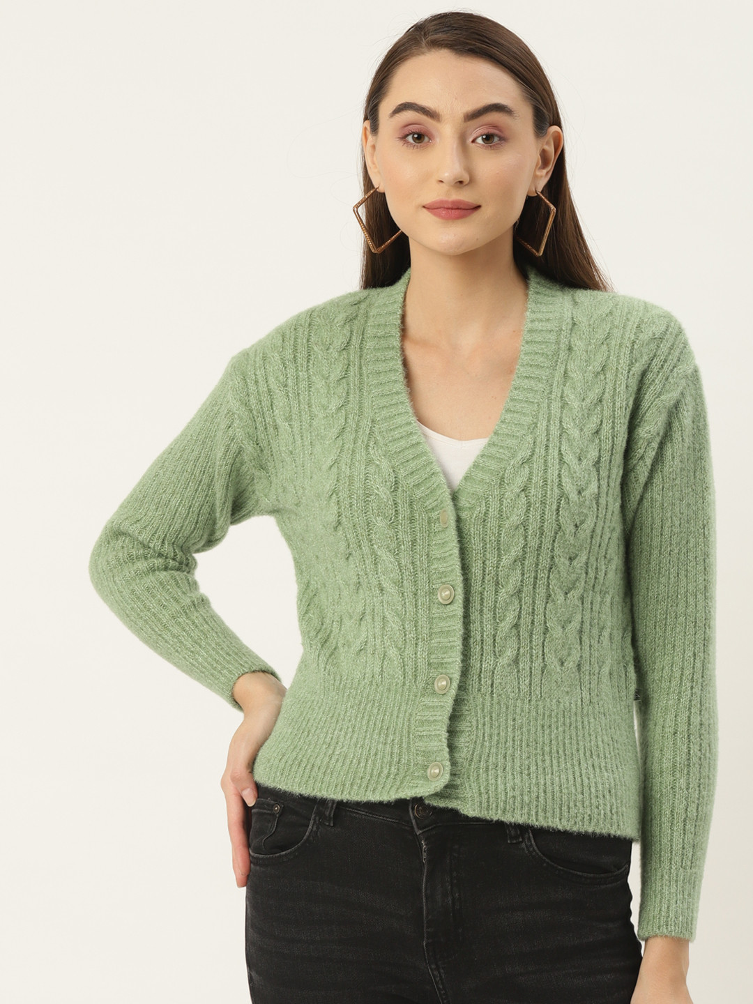 

Monte Carlo Women Green Cable Knit V-Neck Cardigan