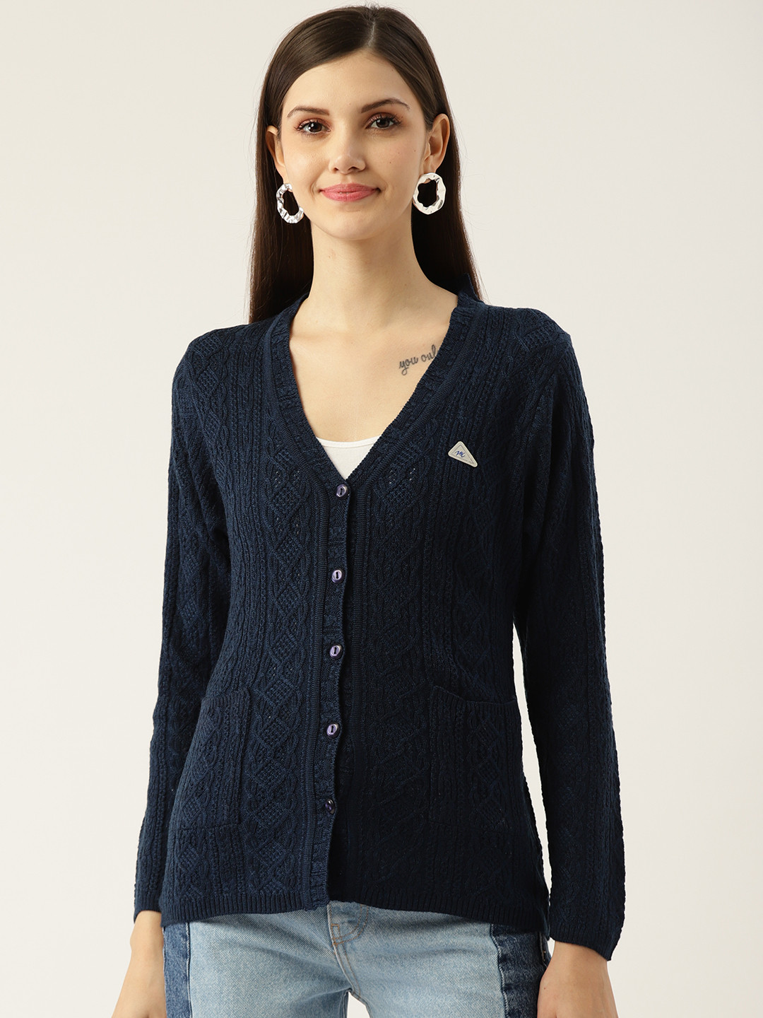 

Monte Carlo Women Navy Blue Self-Design Cardigan